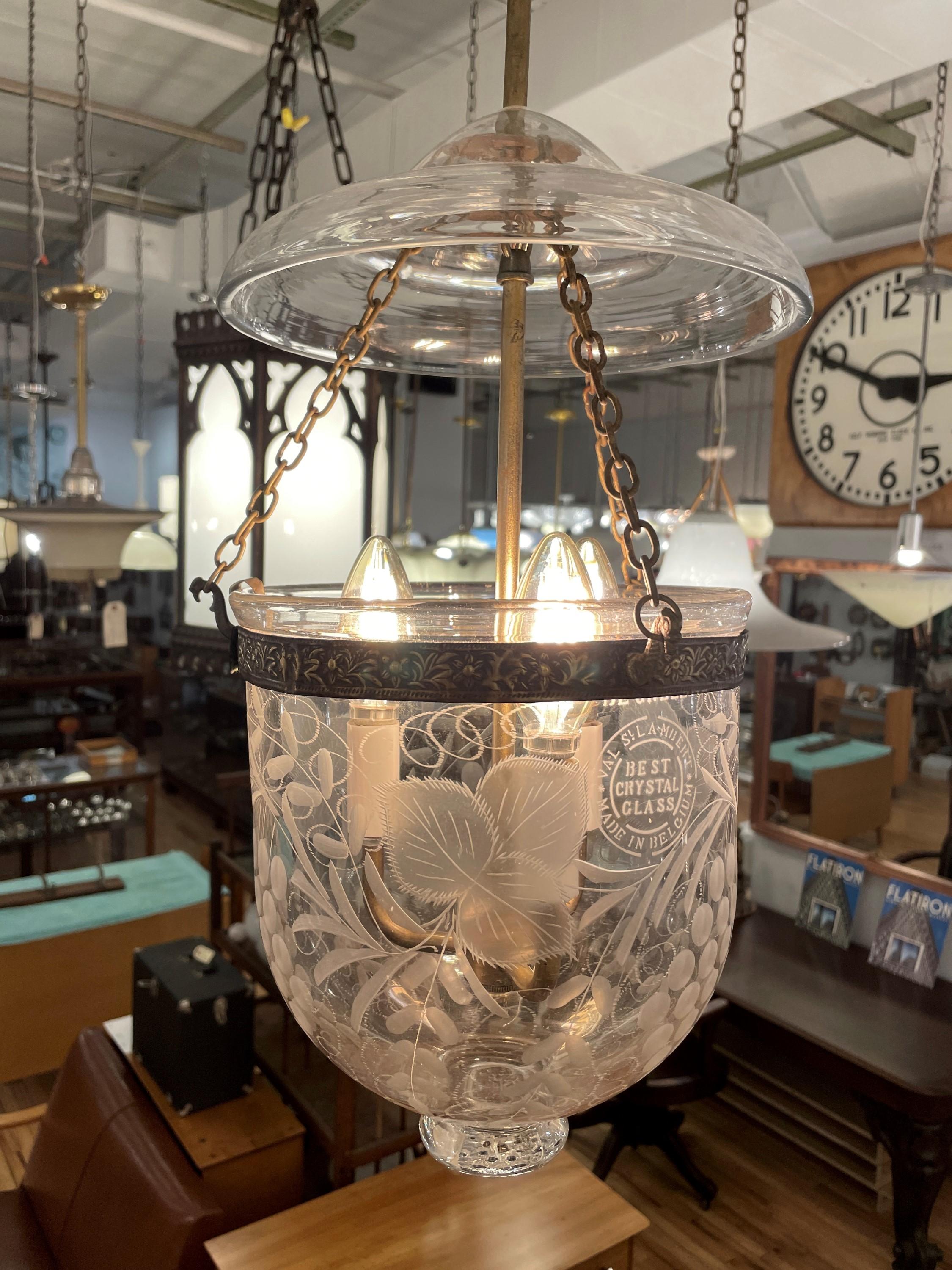 20th Century St. Lambert Belgian Etched Glass Bell Jar with Lid Light For Sale