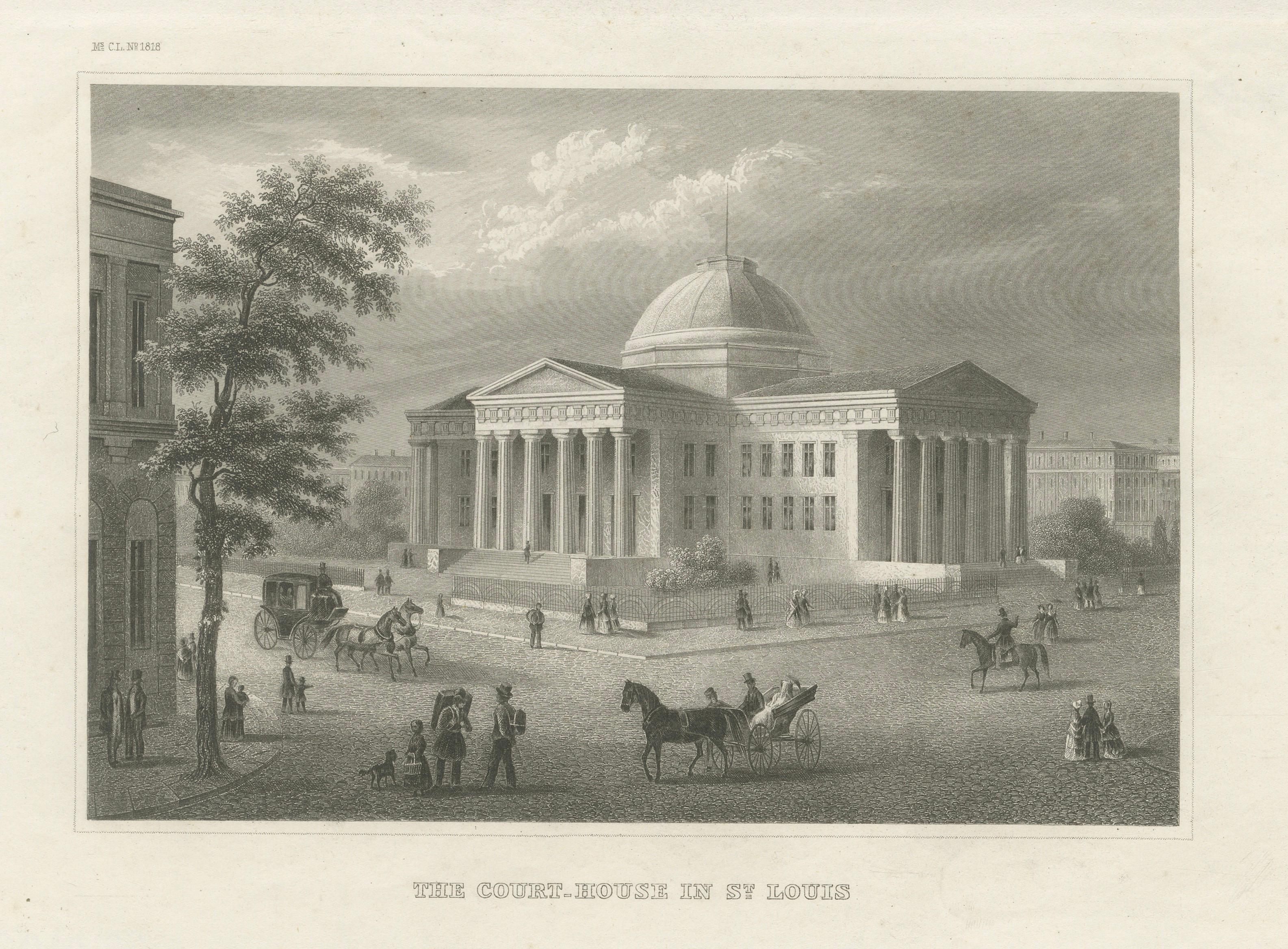 St Louis Court House Antique Print, Missouri Architecture View c.1850
