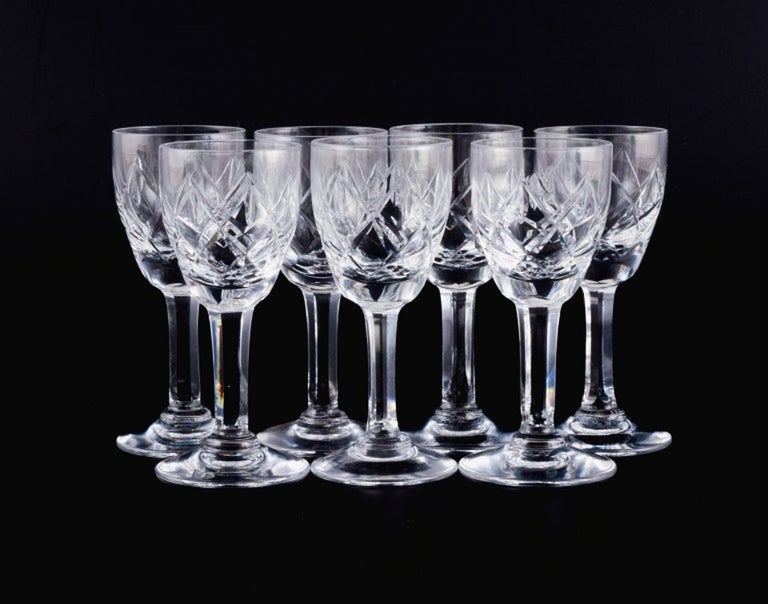 St. Louis, France, set of seven crystal schnapps glasses. For Sale at