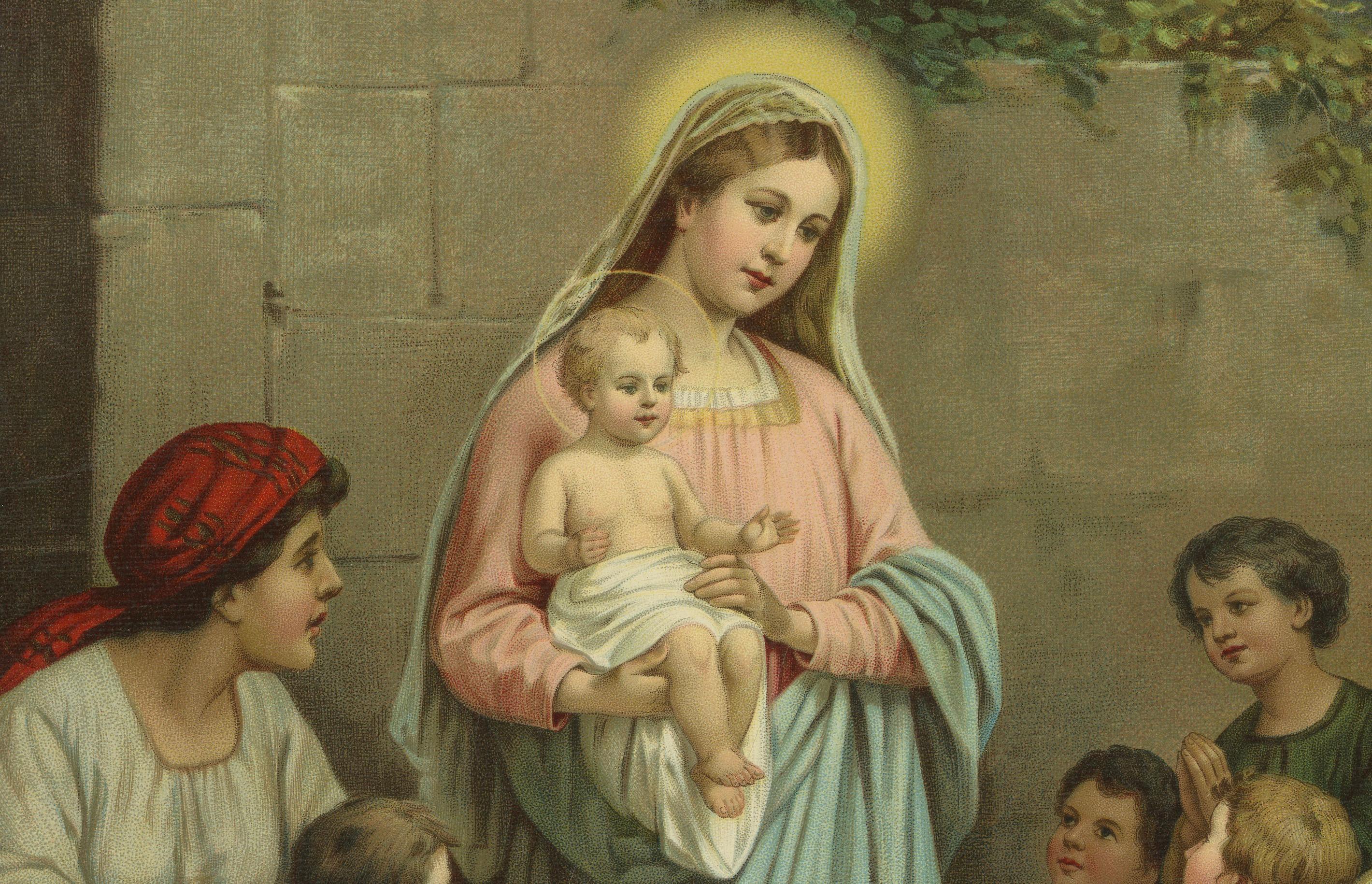 Maria, Beschützerin der Unschuldigen, antike deutsche Chromolithographie um 1900

Diese außergewöhnlich zarte und schön komponierte deutsche Chromolithografie aus dem späten 19. und frühen 20. Jahrhundert zeigt die Jungfrau Maria als Beschützerin