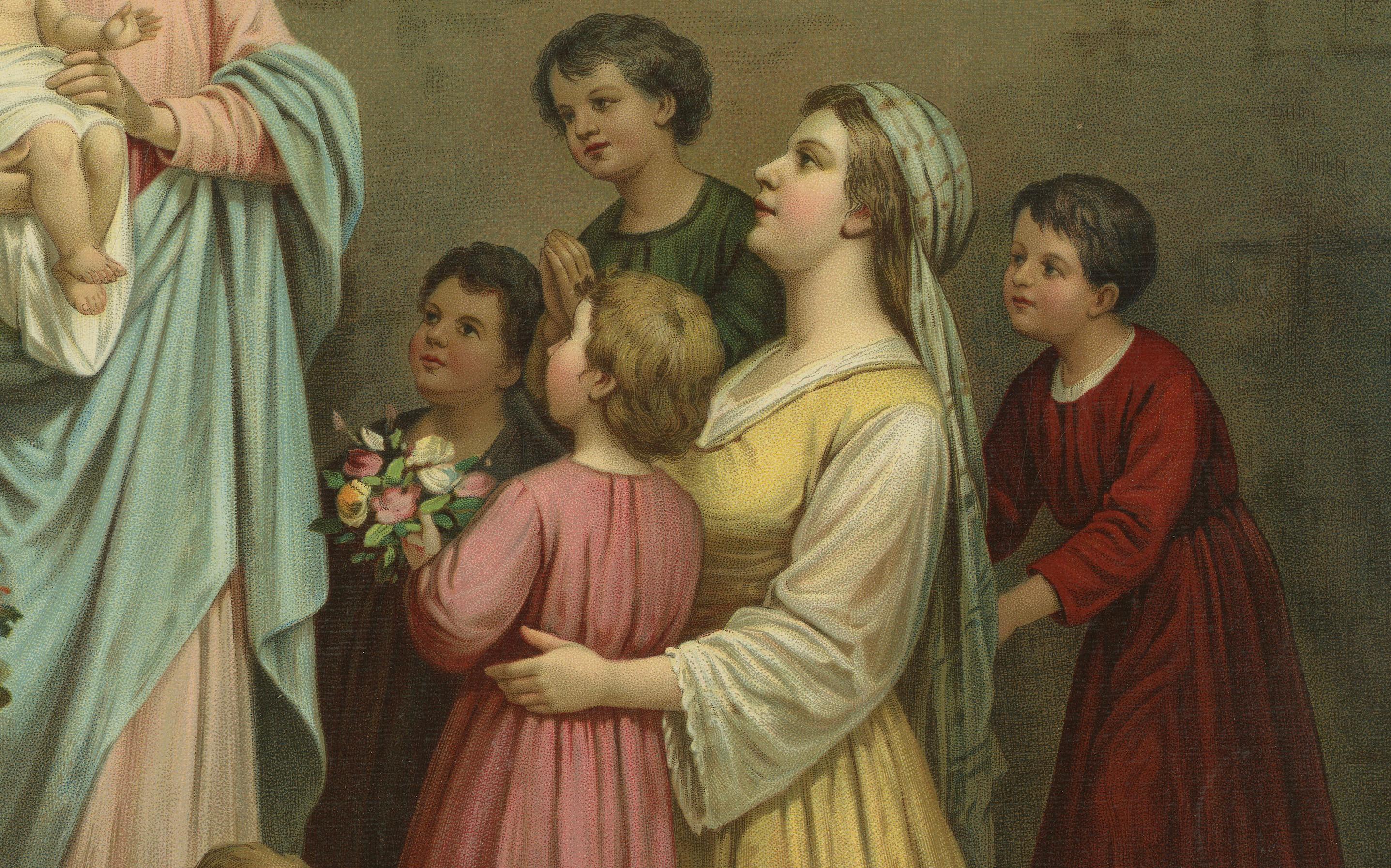 Maria, Beschützerin der Unschuldigen, antike deutsche Chromolithographie um 1900 (Deutsch) im Angebot