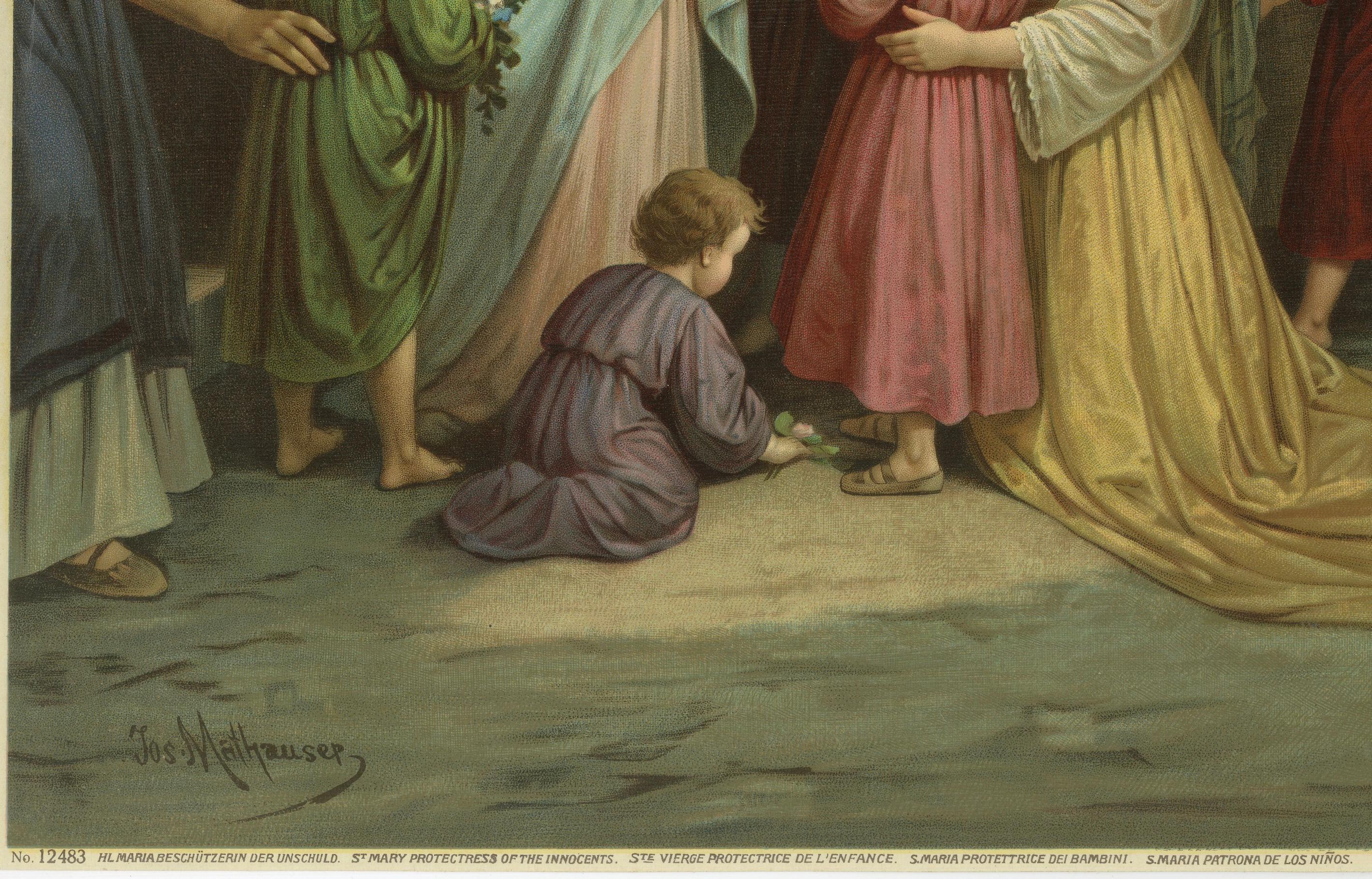 Maria, Beschützerin der Unschuldigen, antike deutsche Chromolithographie um 1900 im Zustand „Gut“ im Angebot in Langweer, NL