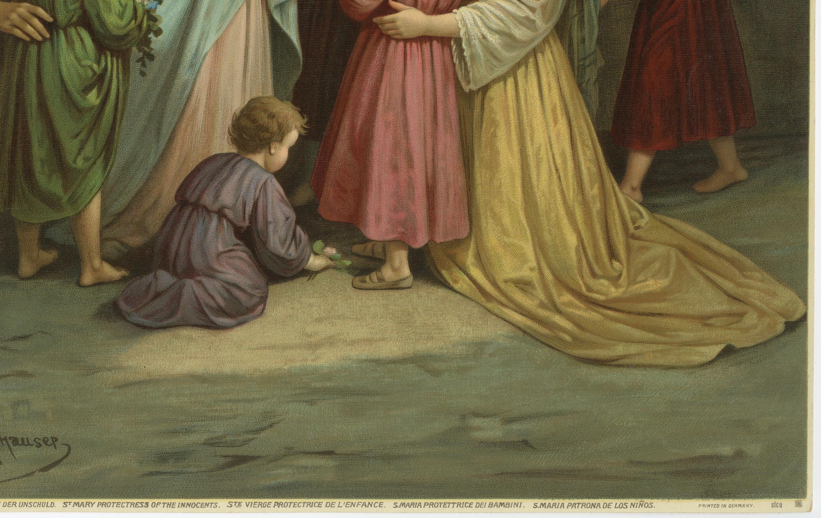 Maria, Beschützerin der Unschuldigen, antike deutsche Chromolithographie um 1900 (19. Jahrhundert) im Angebot