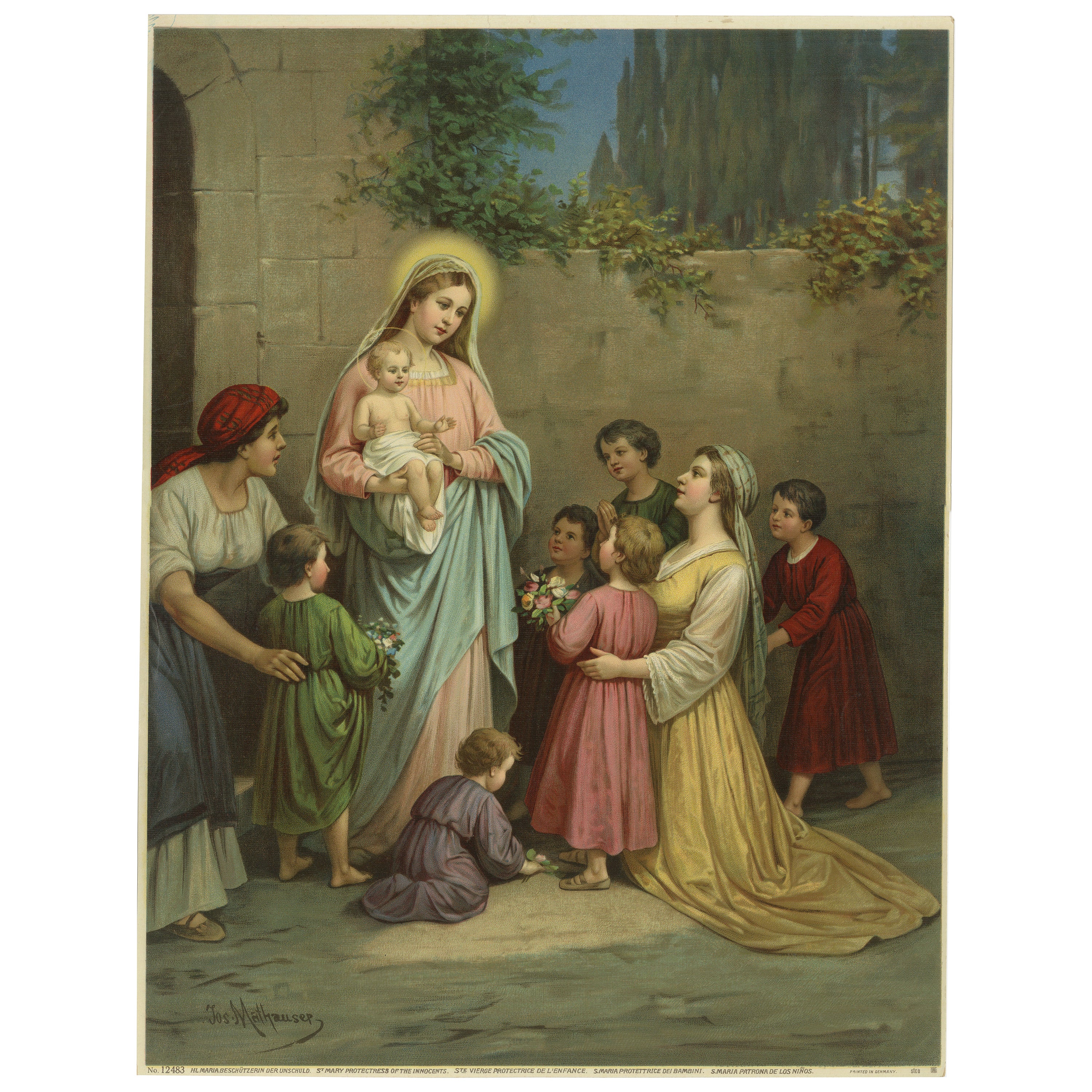 Maria, Beschützerin der Unschuldigen, antike deutsche Chromolithographie um 1900 im Angebot
