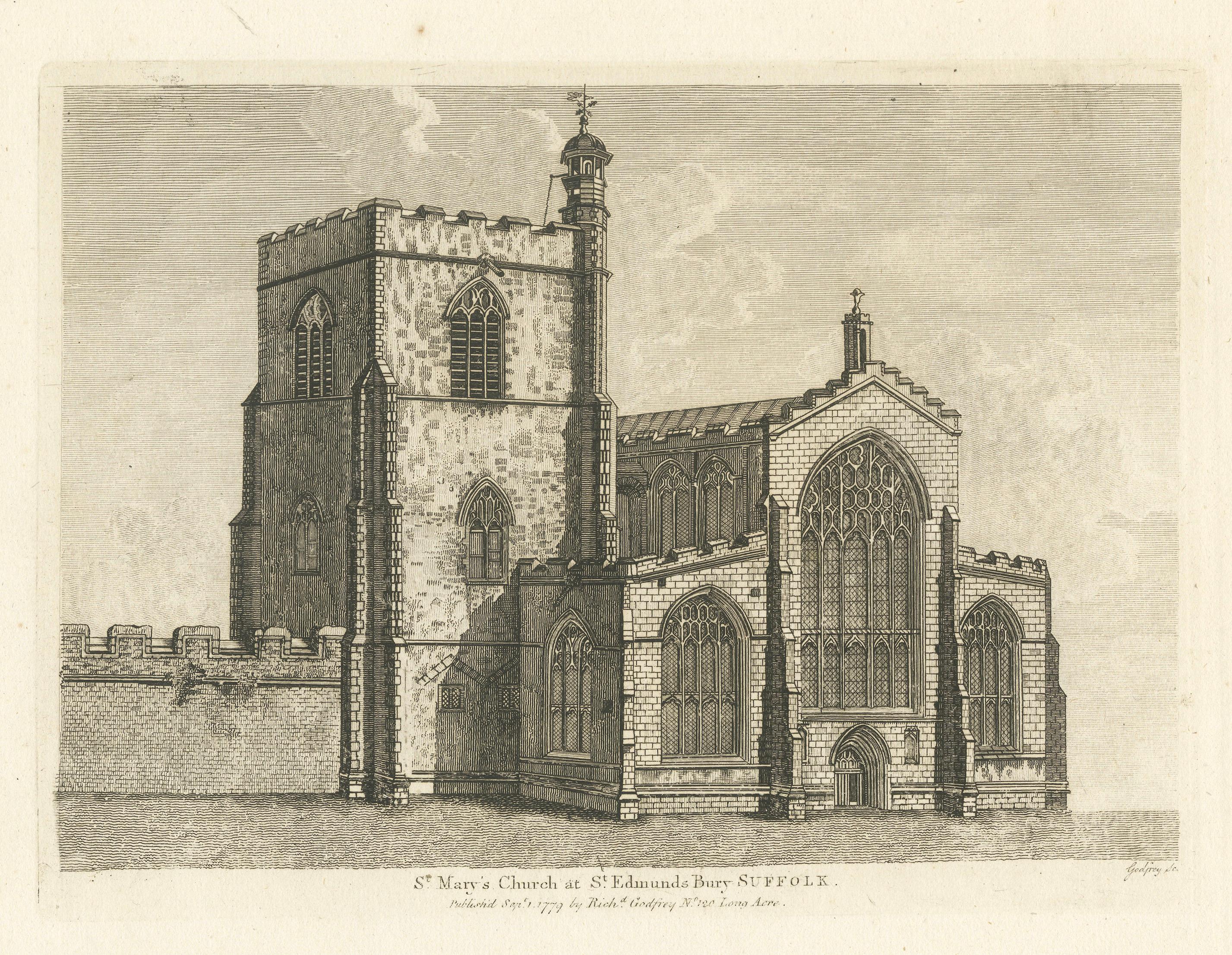 St Mary’s Church, Bury St Edmunds, Suffolk – Antique Engraving, 1779