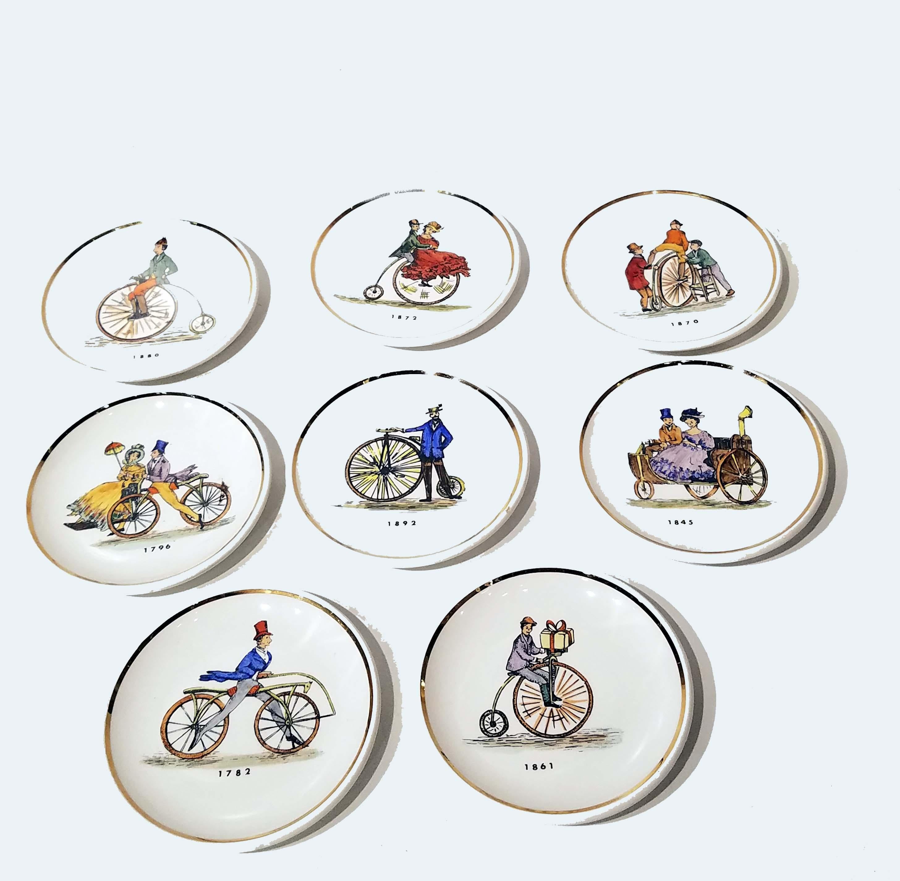 Bucciarelli a set of 8 ceramic costars of antique bicycles.
Each hand colored and dated with different types of bicycles from different eras.
Marked in the back.