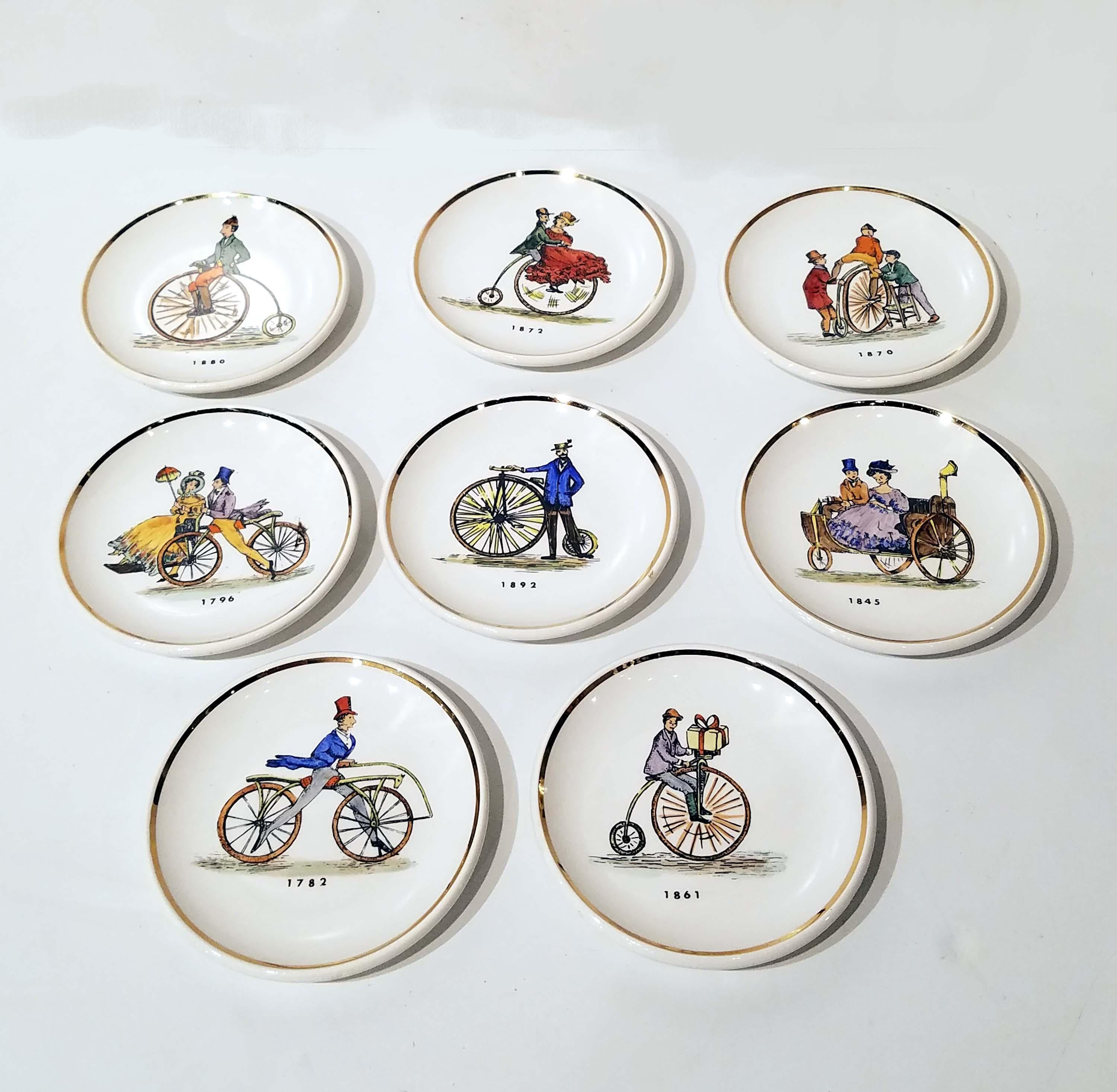 Mid-Century Modern Set of 8 Bucciarelli Coasters Fornasetti Era of Antique Bicycles