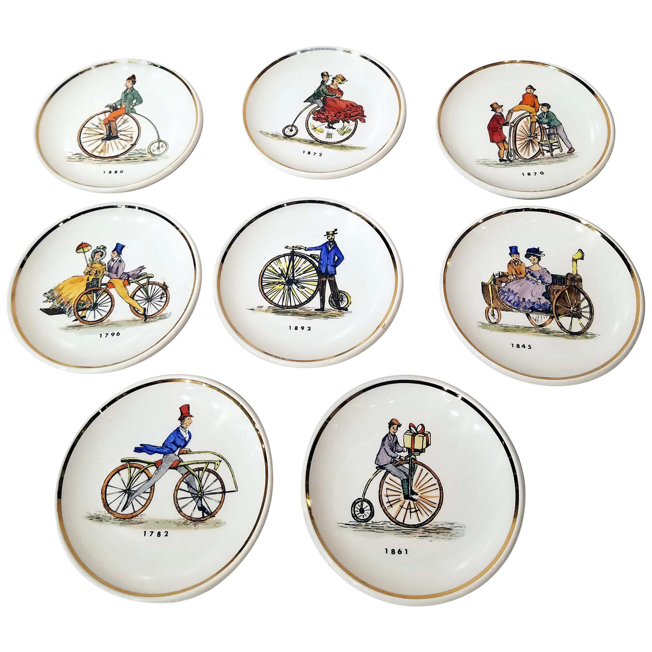 Set of 8 Bucciarelli Coasters Fornasetti Era of Antique Bicycles