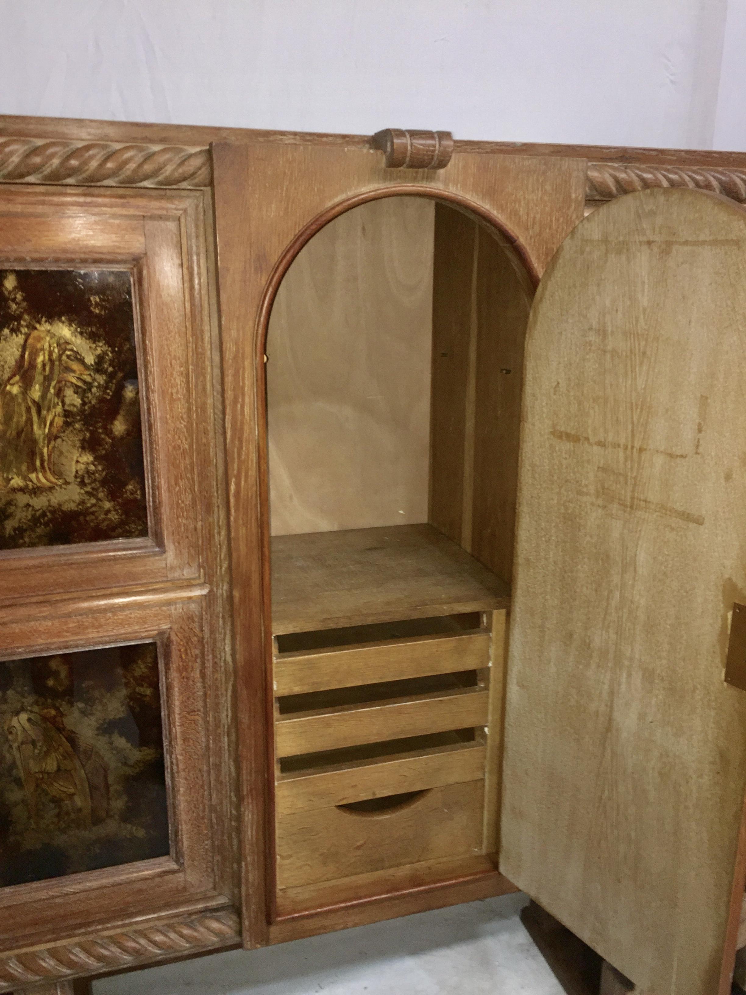 St Of Moreux Ceruse Oak Cabinet Dry Bar Mirror Shelves Eglomise