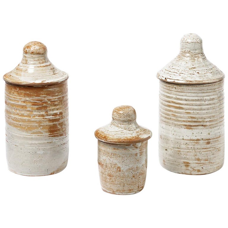 Set of Three Decorative White Ceramic Boxes or Pots by Lion French