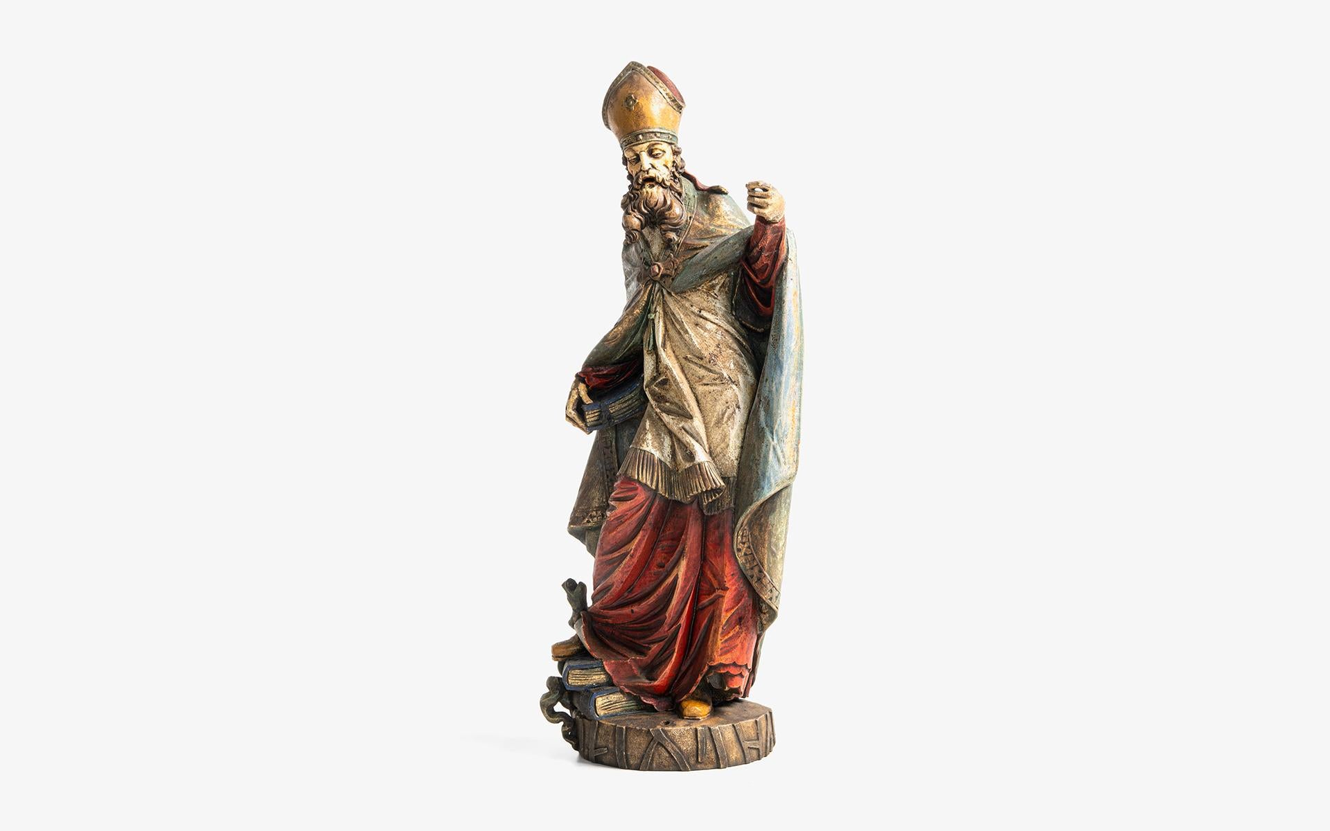 St. Patrick Statue Style Baroque En Wood Polychrome, Italy 19th Century In Good Condition For Sale In İSTANBUL, TR