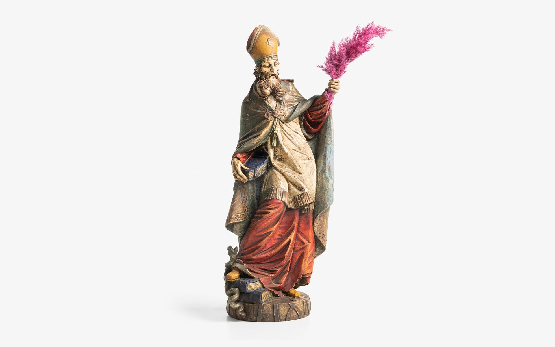 St. Patrick Statue Style Baroque En Wood Polychrome, Italy 19th Century For Sale 1