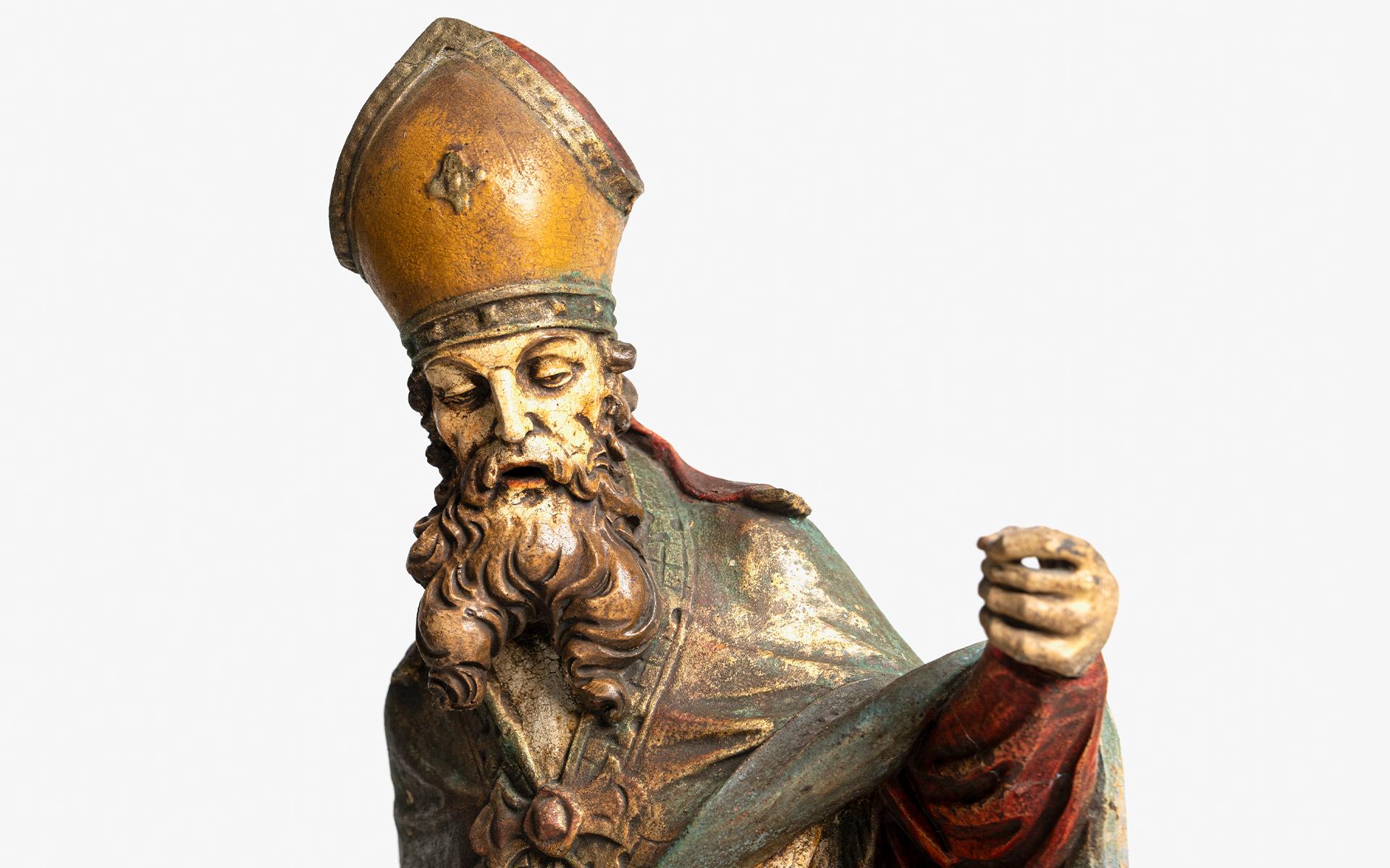 St. Patrick Statue Style Baroque En Wood Polychrome, Italy 19th Century For Sale 2