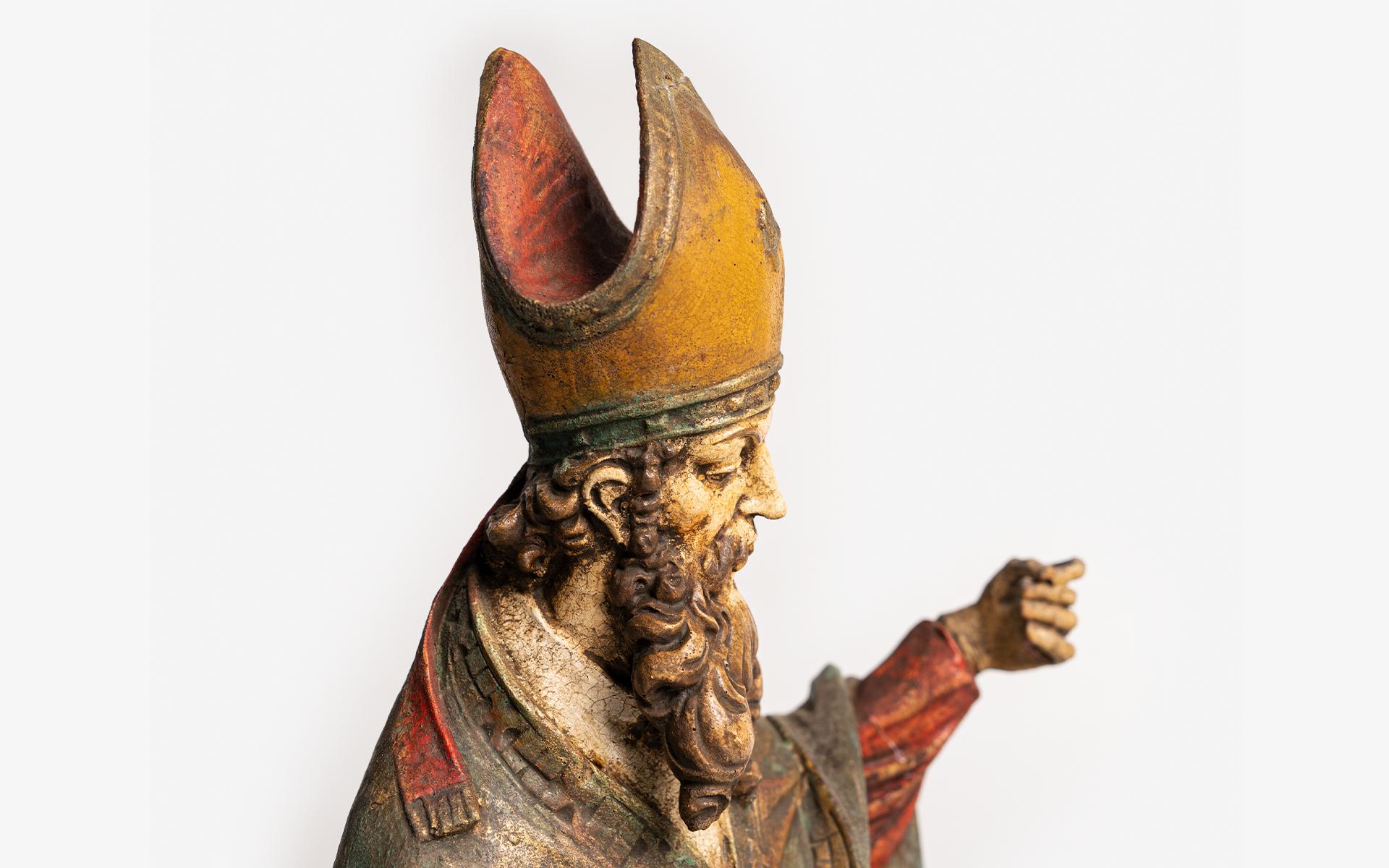 St. Patrick Statue Style Baroque En Wood Polychrome, Italy 19th Century For Sale 4