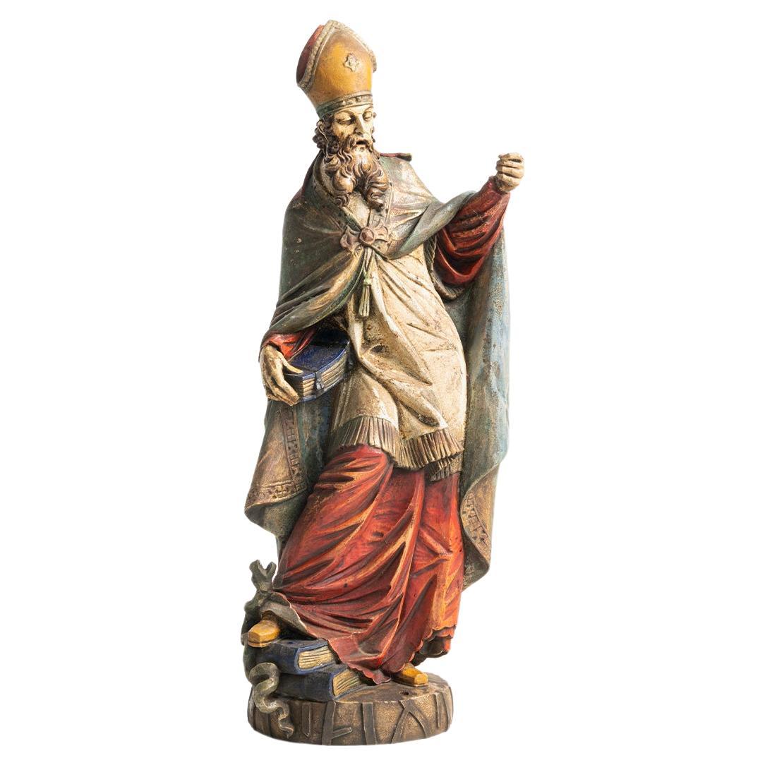 St. Patrick Statue Style Baroque En Wood Polychrome, Italy 19th Century