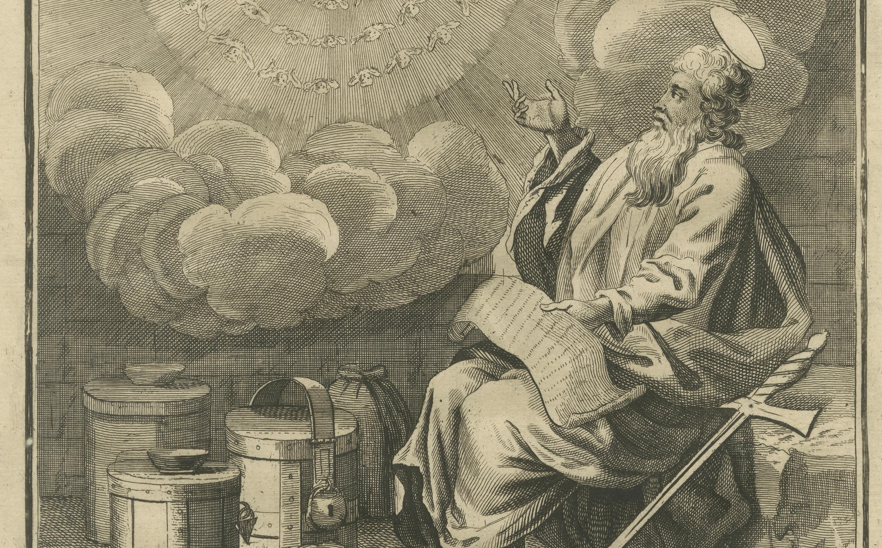 Inglese San Paul e i Corinzi - Glorie nelle sofferenze, incisione del 1735 ca. in vendita