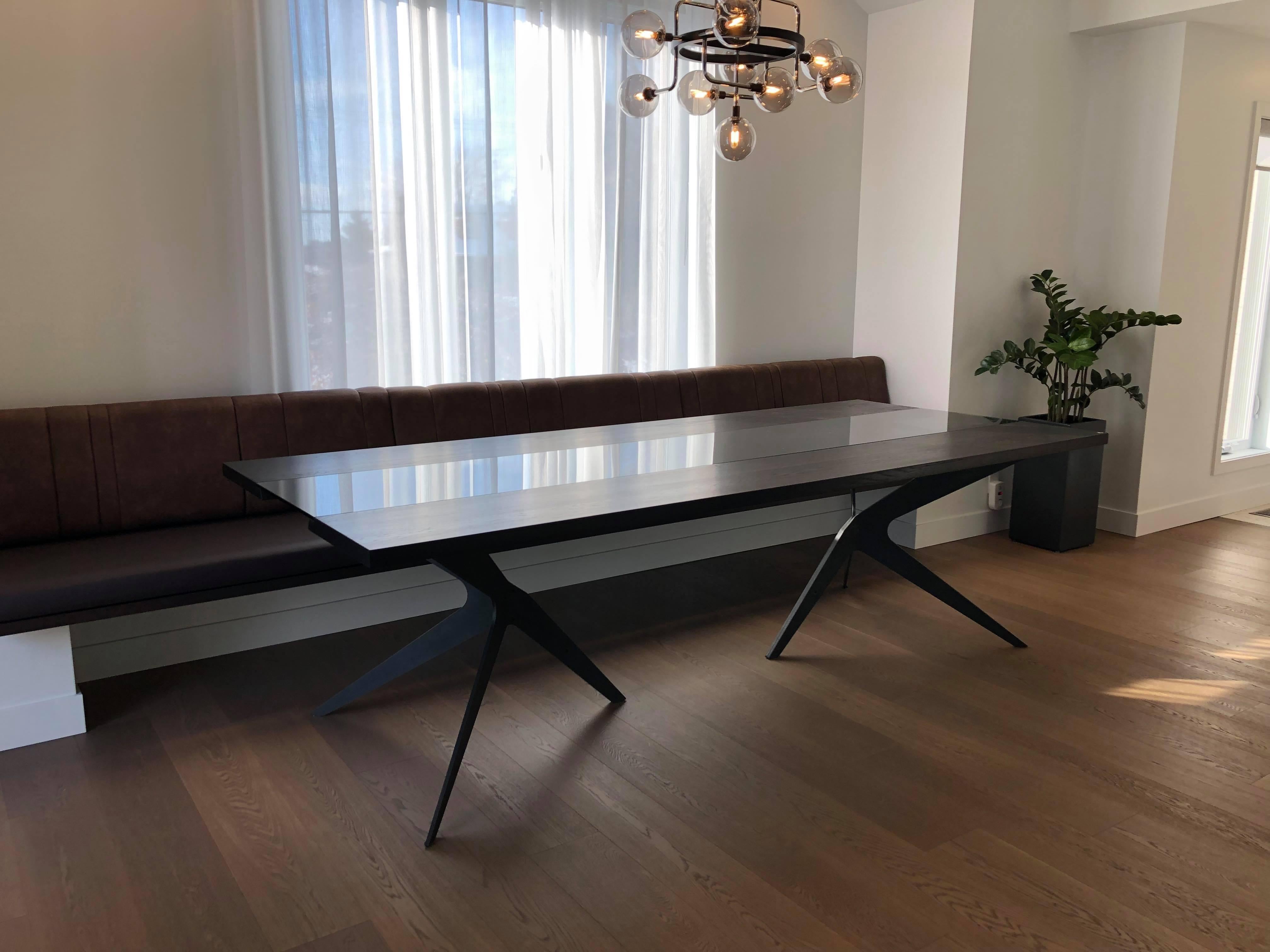 Modern St-Paul Dining Table, by Ambrozia, Ebonized Oak, Dark Glass & Blackened Steel For Sale