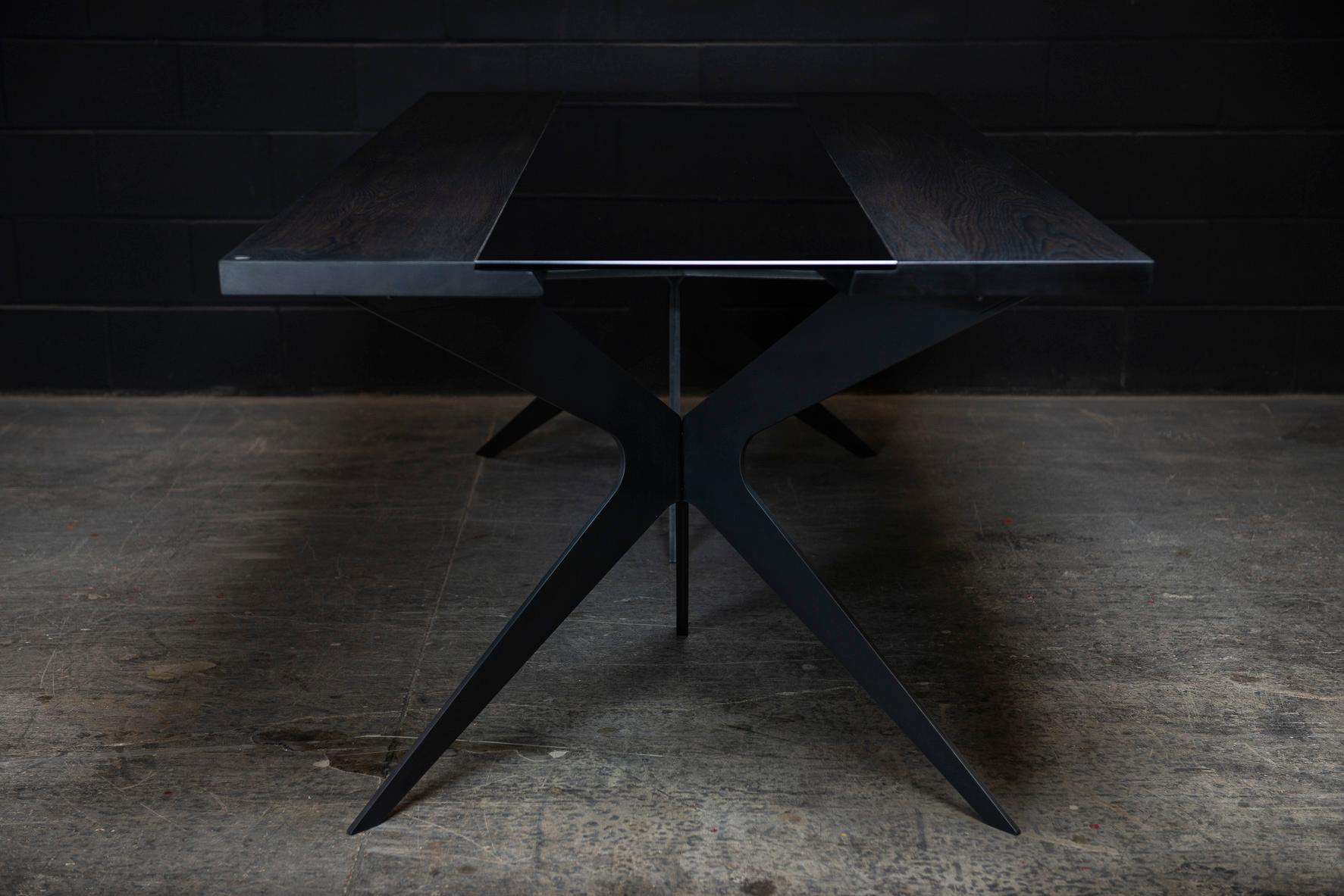 Canadian St-Paul Dining Table, by Ambrozia, Ebonized Oak, Dark Glass & Blackened Steel For Sale