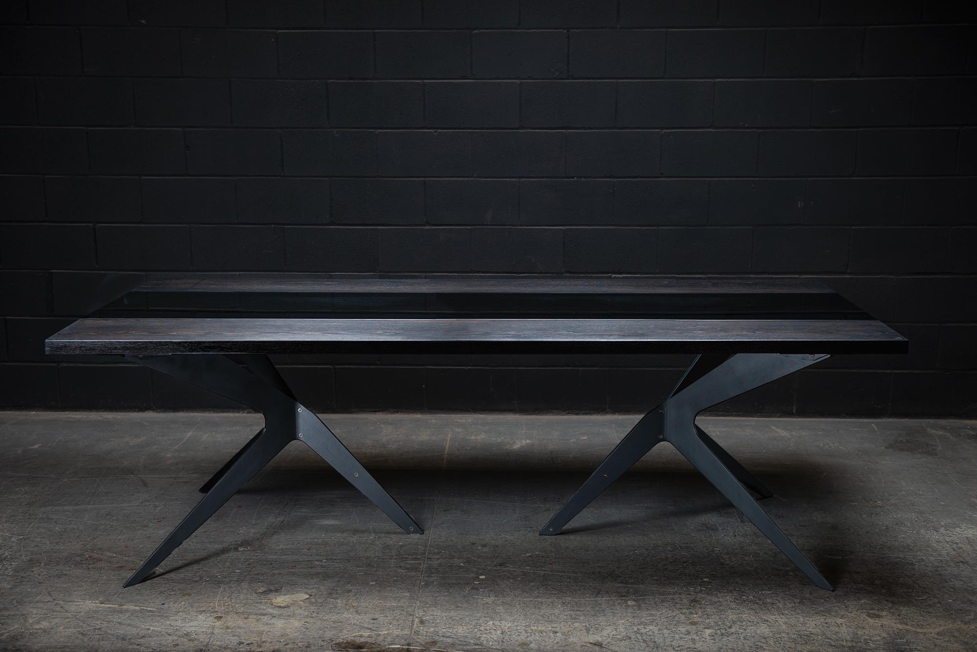 St-Paul Dining Table, by Ambrozia, Ebonized Oak, Dark Glass & Blackened Steel In New Condition For Sale In Drummondville, Quebec