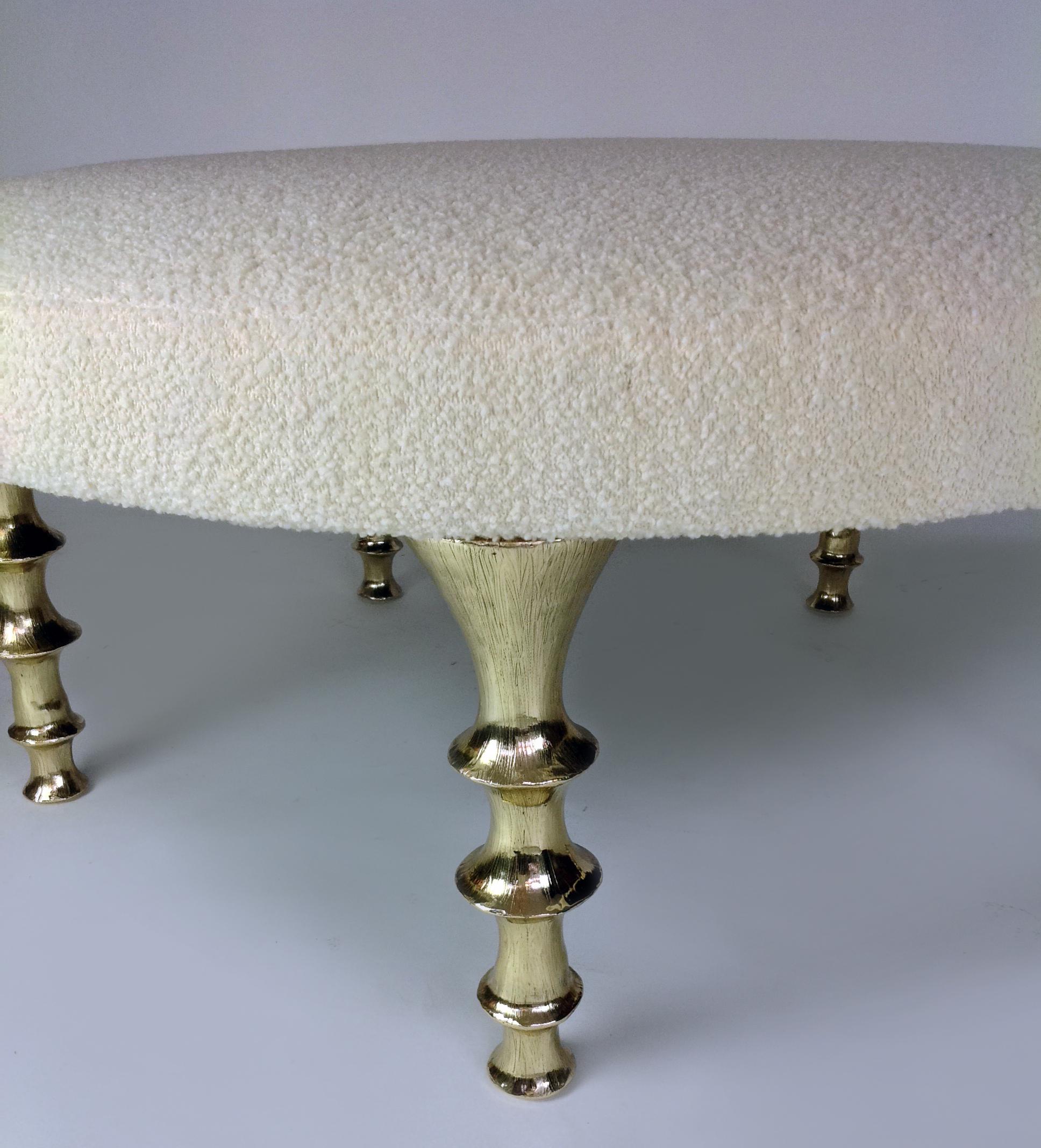 This round ottoman make a dramatic statement in your interior. It has five powerful cast gold bronze legs, with an organic feel. The cushion can be made is various shapes, Covered in your own fabric or hide. We can also create stools or benches with