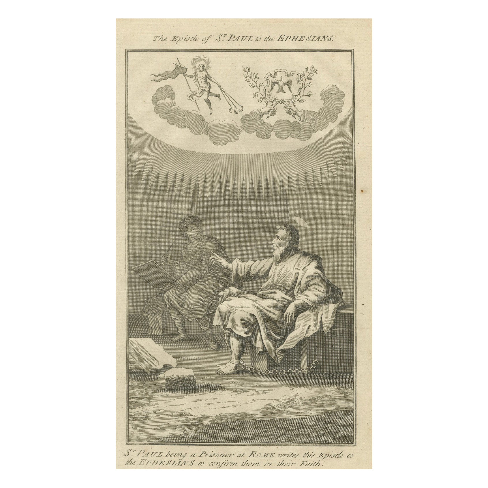Incisione di San Paolo agli Efesini - Paul in prigione che scrive un'epistola, 1735 ca.
