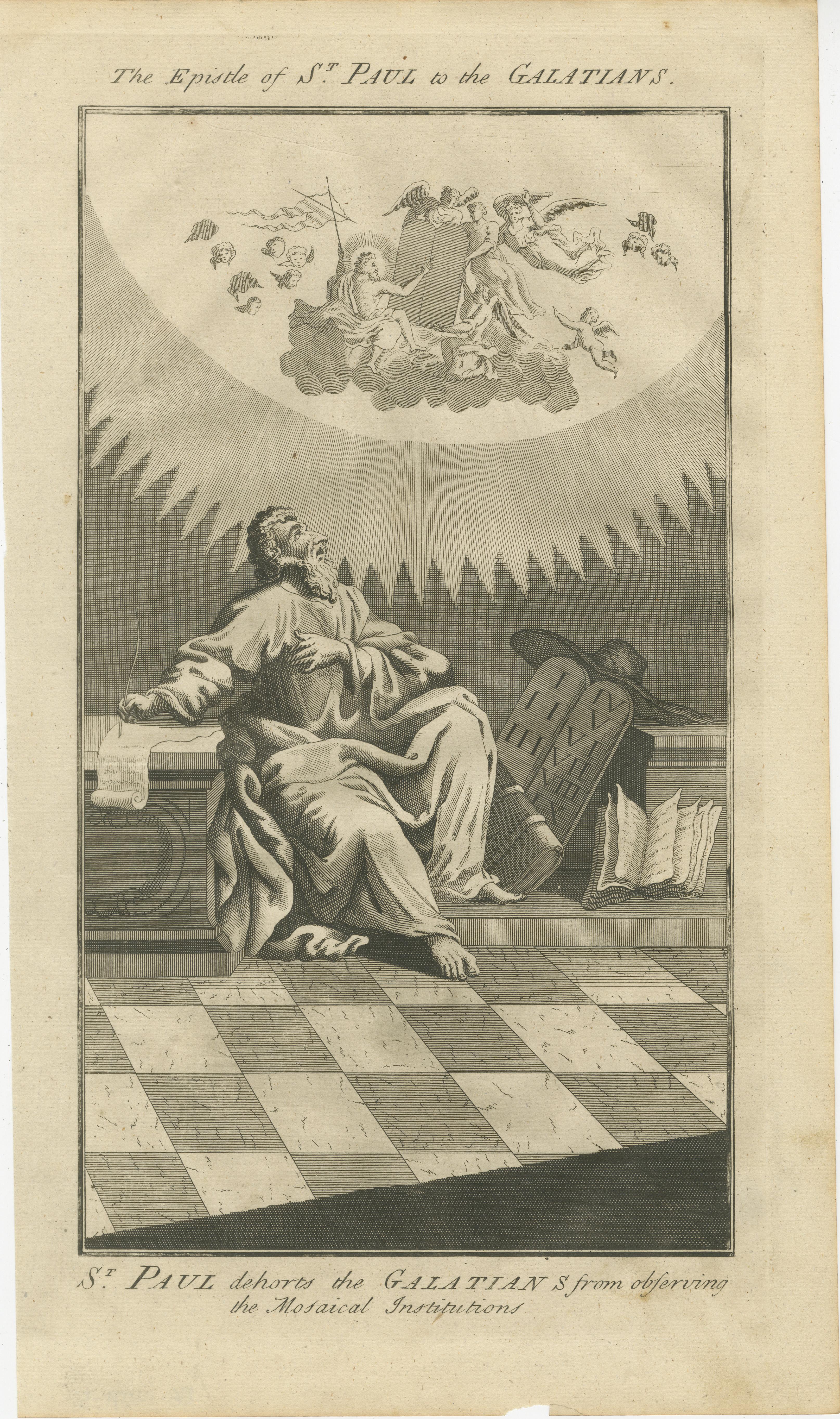 Paulus an die Galater Kupferstich - Paulus lehnt das mosaische Gesetz ab ca. 1735

Beschreibung:
Dieser eindrucksvolle antike Stich mit dem Titel 