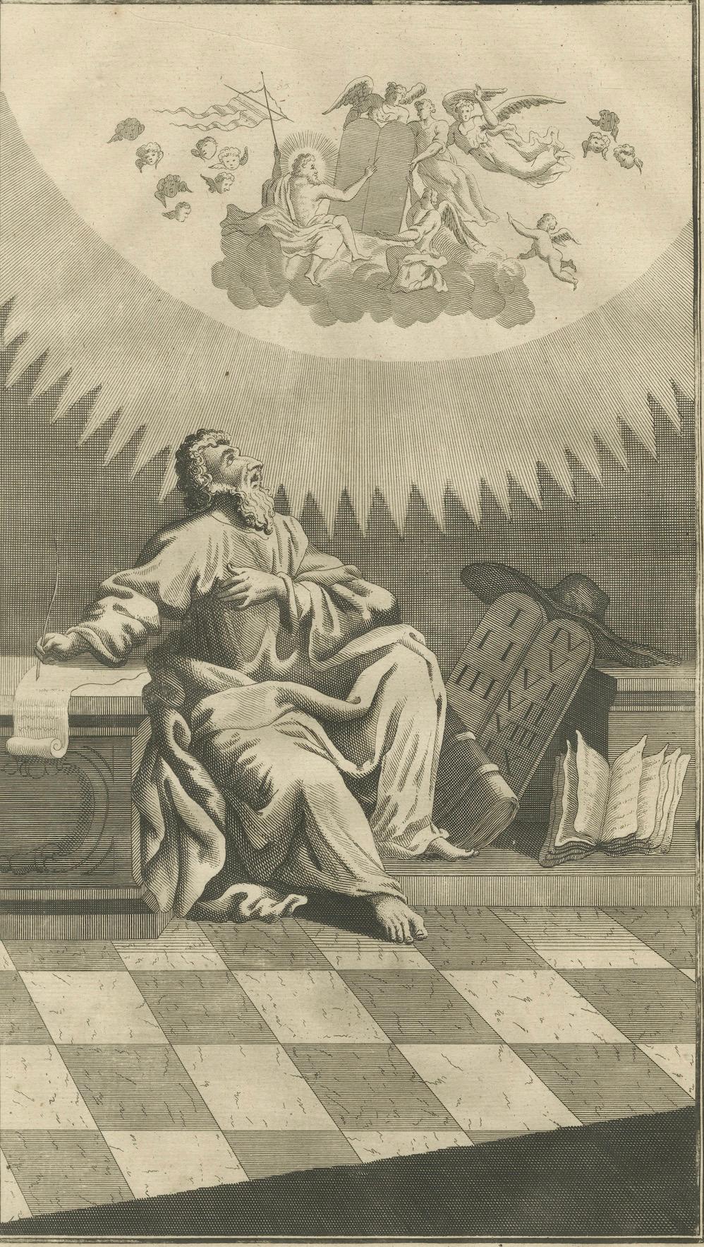 Paulus an die Galater - Ablehnung des mosaischen Gesetzes, antiker Kupferstich um 1735 (Papier) im Angebot