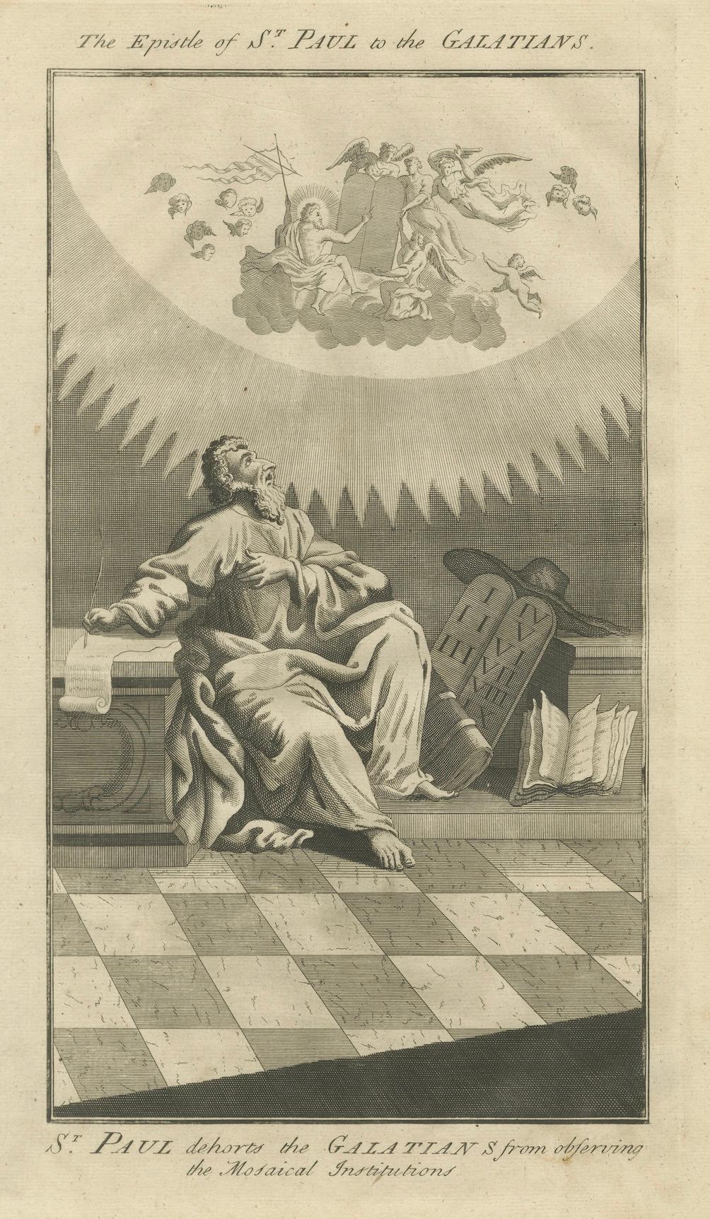 Paulus an die Galater - Ablehnung des mosaischen Gesetzes, antiker Kupferstich um 1735 im Angebot 1