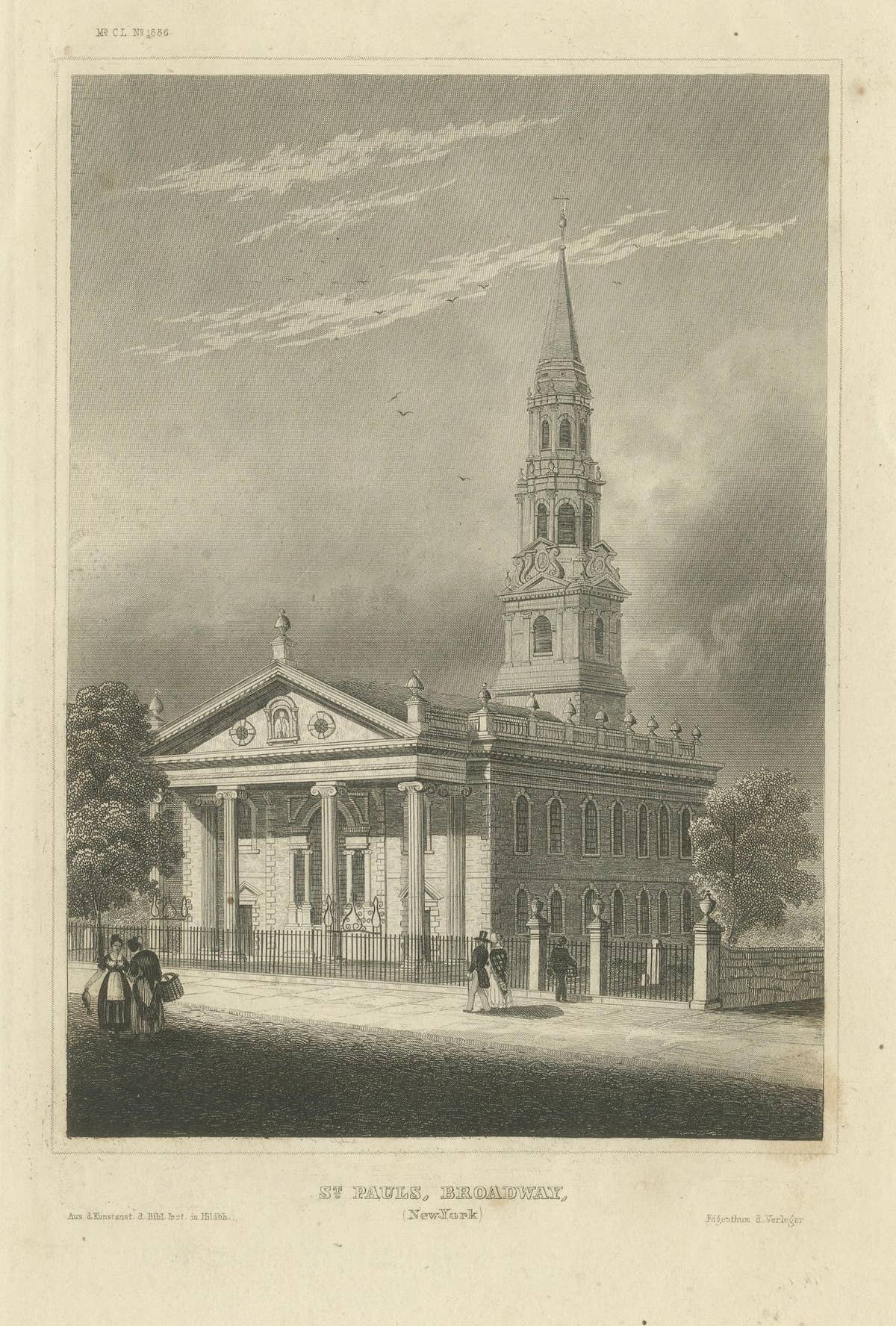 St Paul’s Broadway New York - Antique Engraving Church View, ca.1850