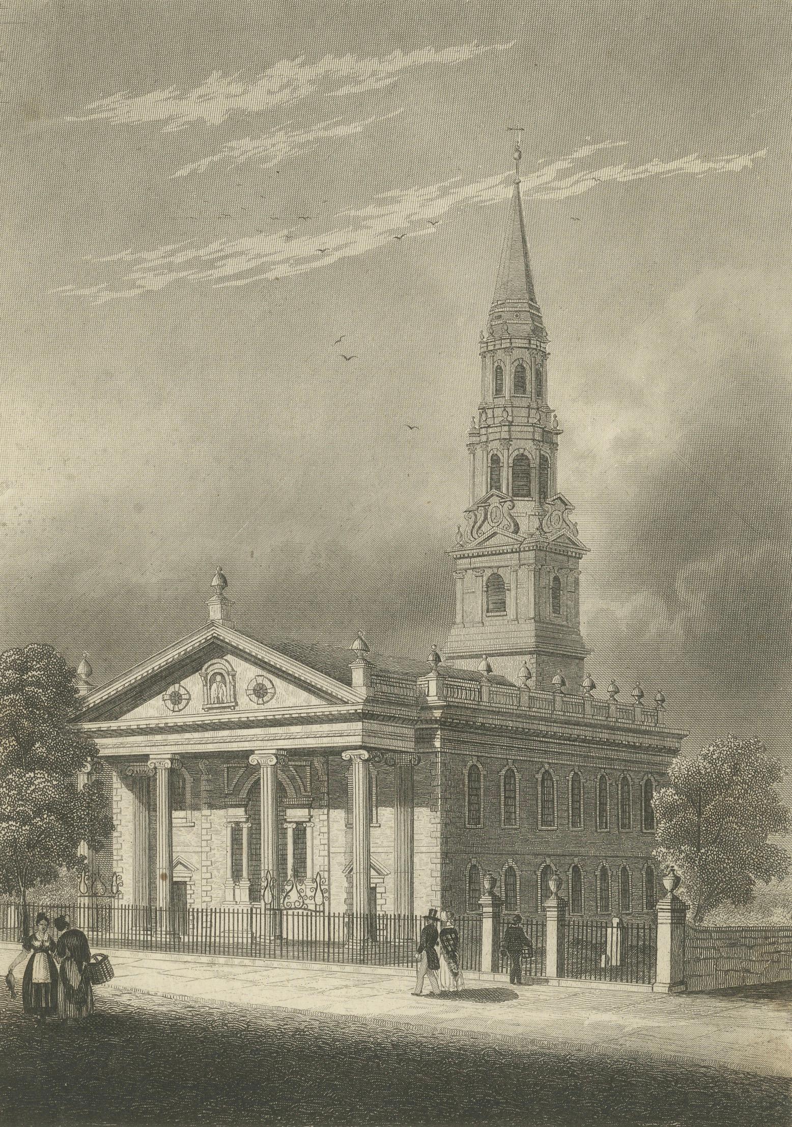 St Paul’s Broadway New York - Antique Engraving Church View, ca.1850