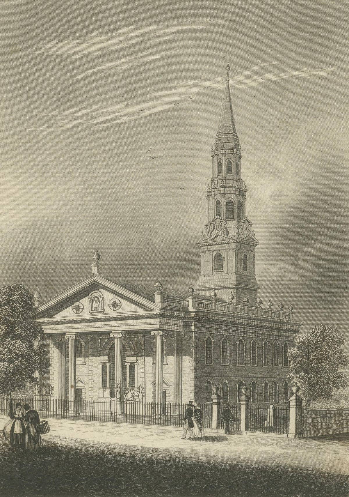 St Paul’s Broadway New York - Antique Engraving Church View, ca.1850