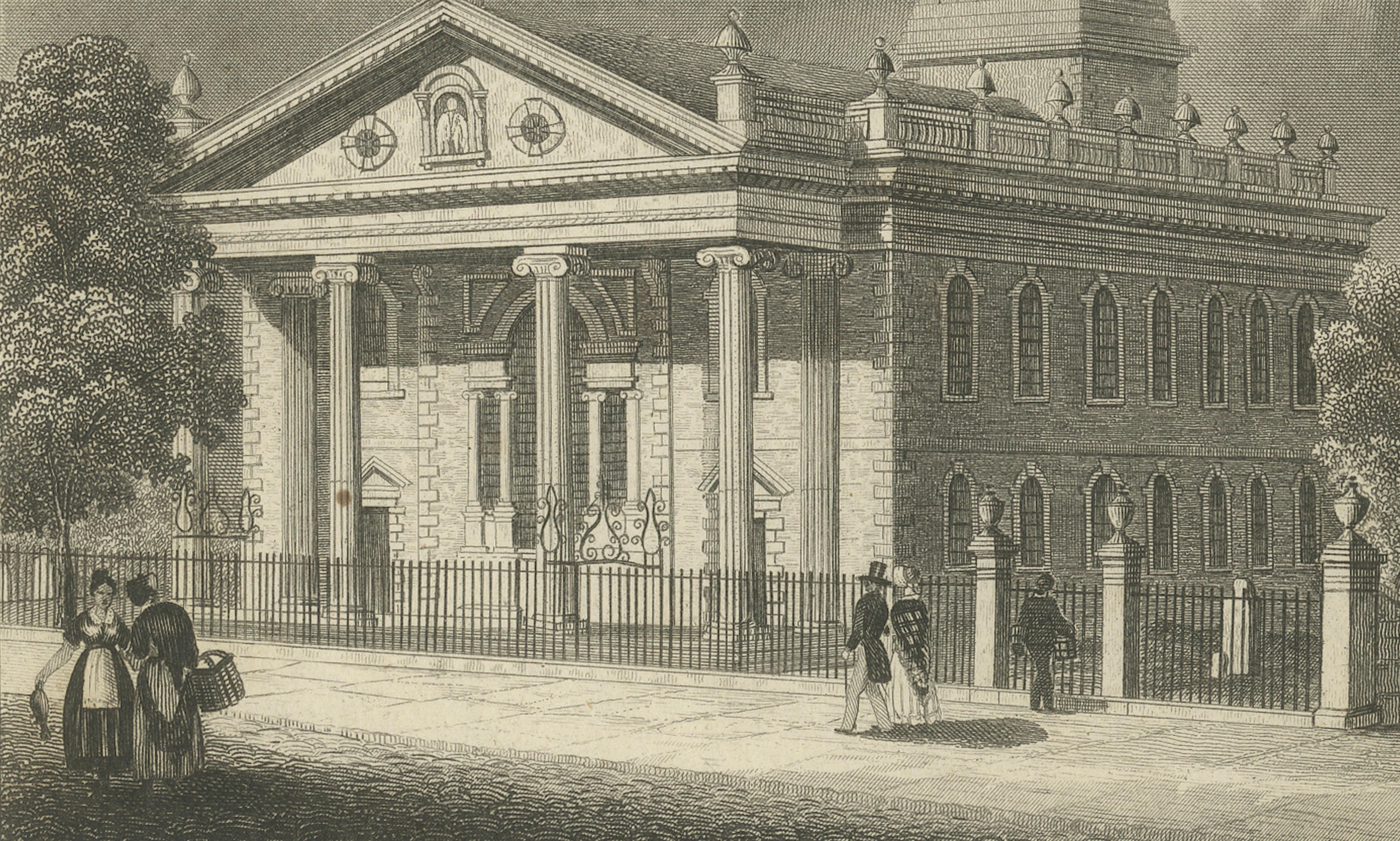 St Paul’s Broadway New York - Antique Engraving Church View, ca.1850