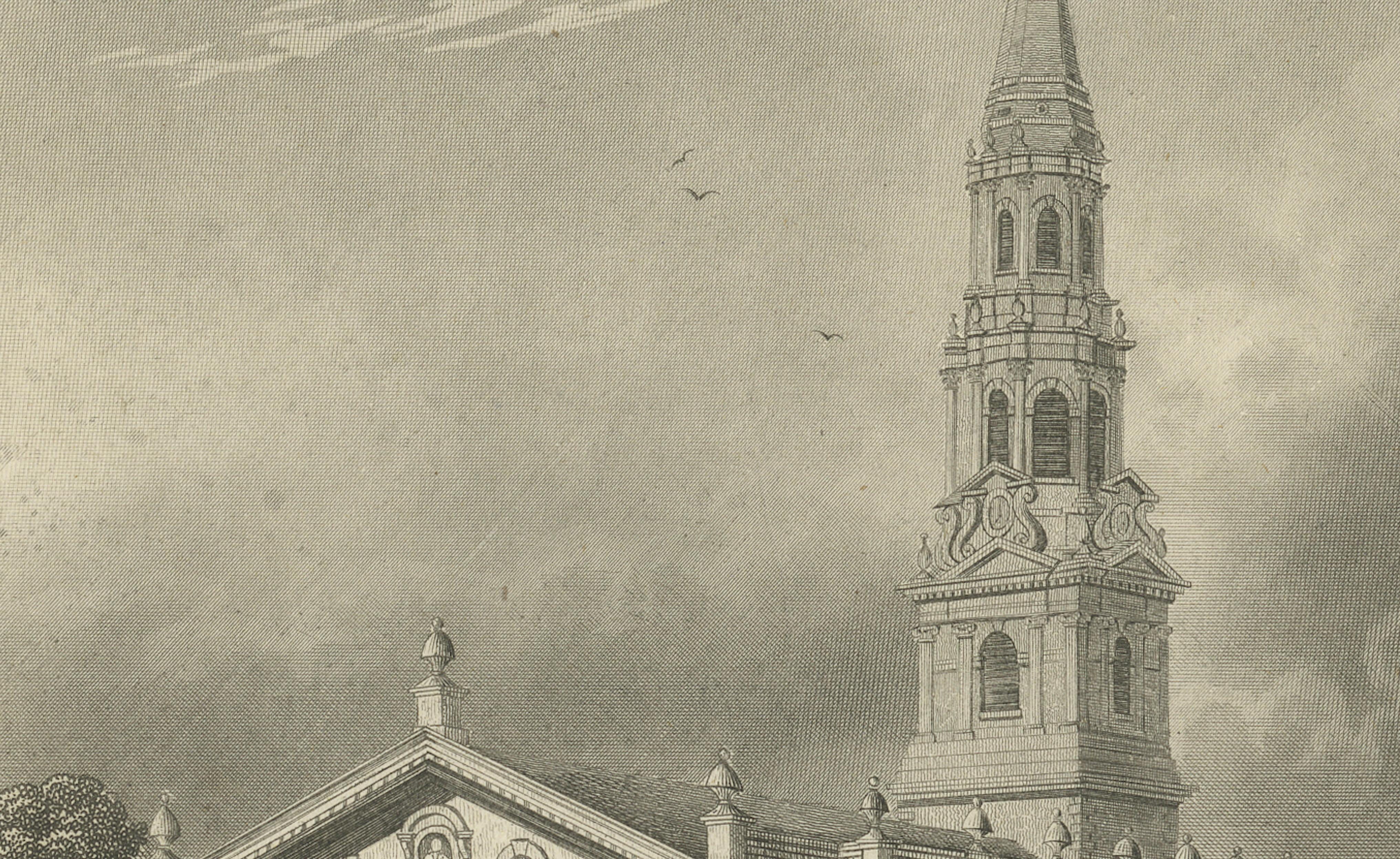 St Paul’s Broadway New York - Antique Engraving Church View, ca.1850