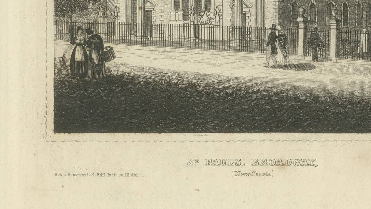 St Paul’s Broadway New York - Antique Engraving Church View, ca.1850