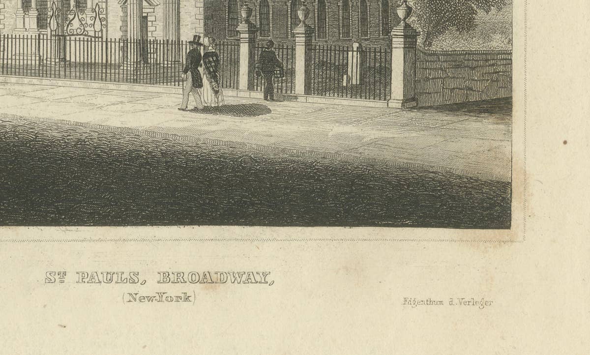 St Paul’s Broadway New York - Antique Engraving Church View, ca.1850
