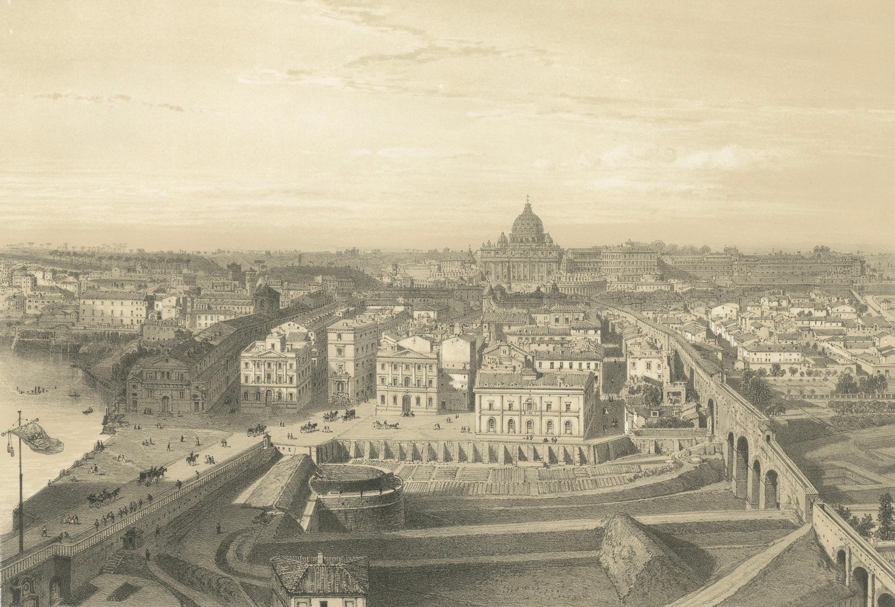St Peter’s Basilica and Vatican Palace Panorama, Rome – Benoist 1869 Lithograph