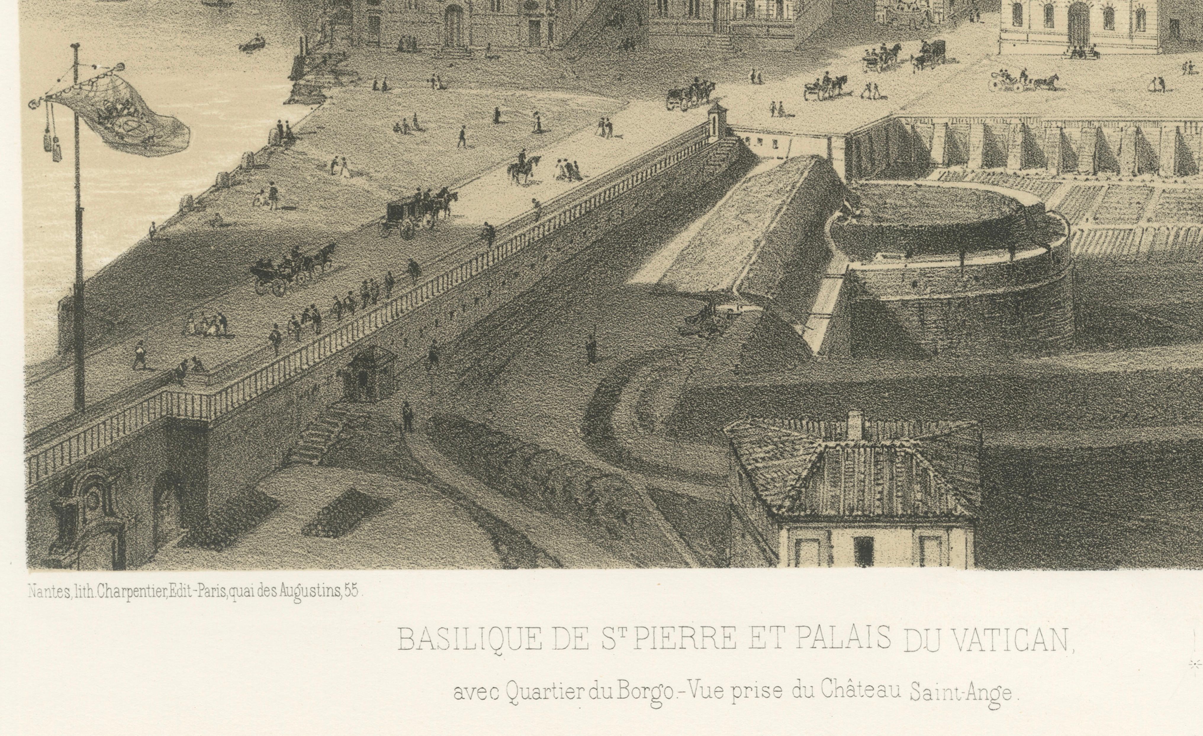 St Peter’s Basilica and Vatican Palace Panorama, Rome – Benoist 1869 Lithograph