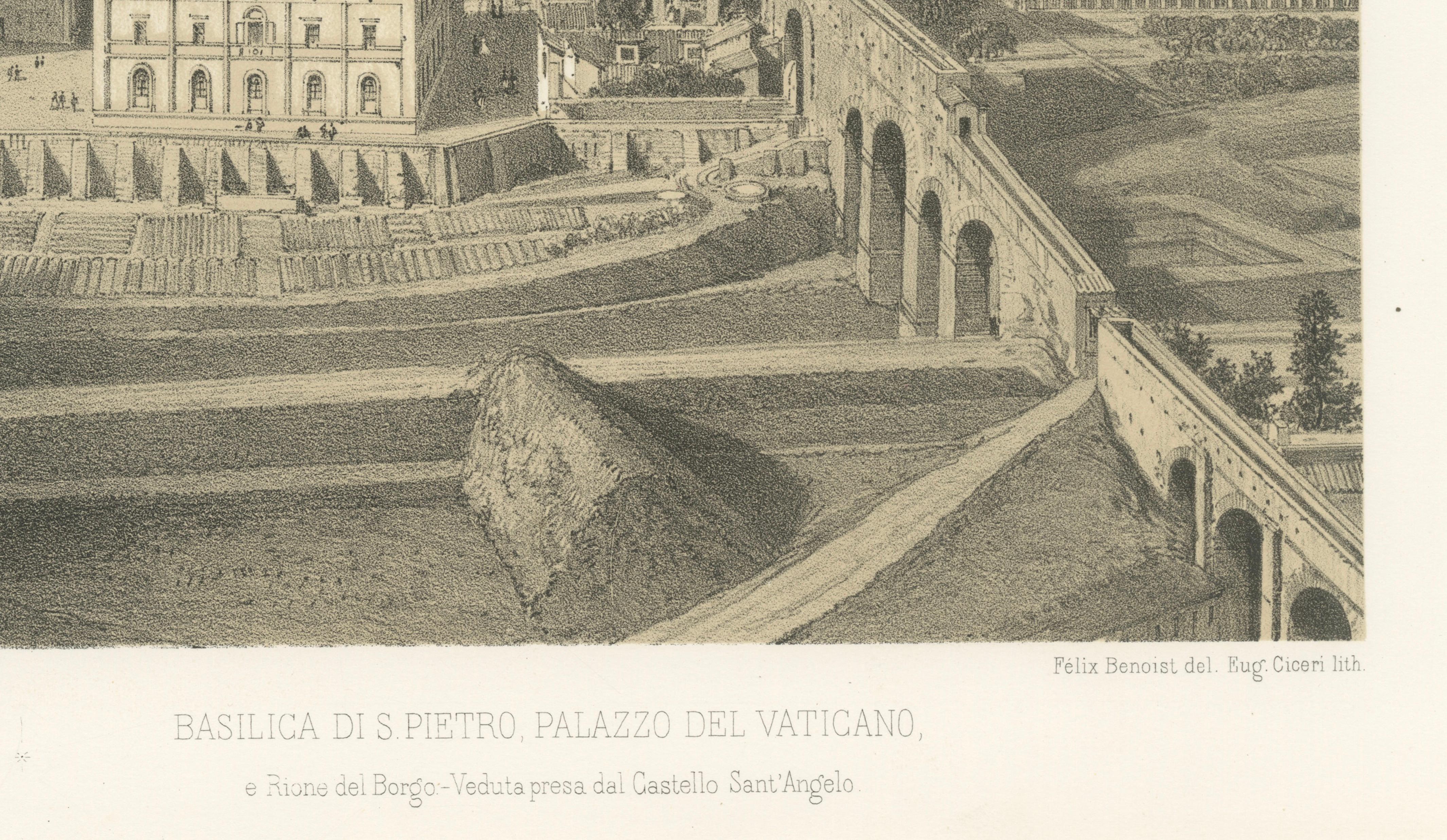 St Peter’s Basilica and Vatican Palace Panorama, Rome – Benoist 1869 Lithograph