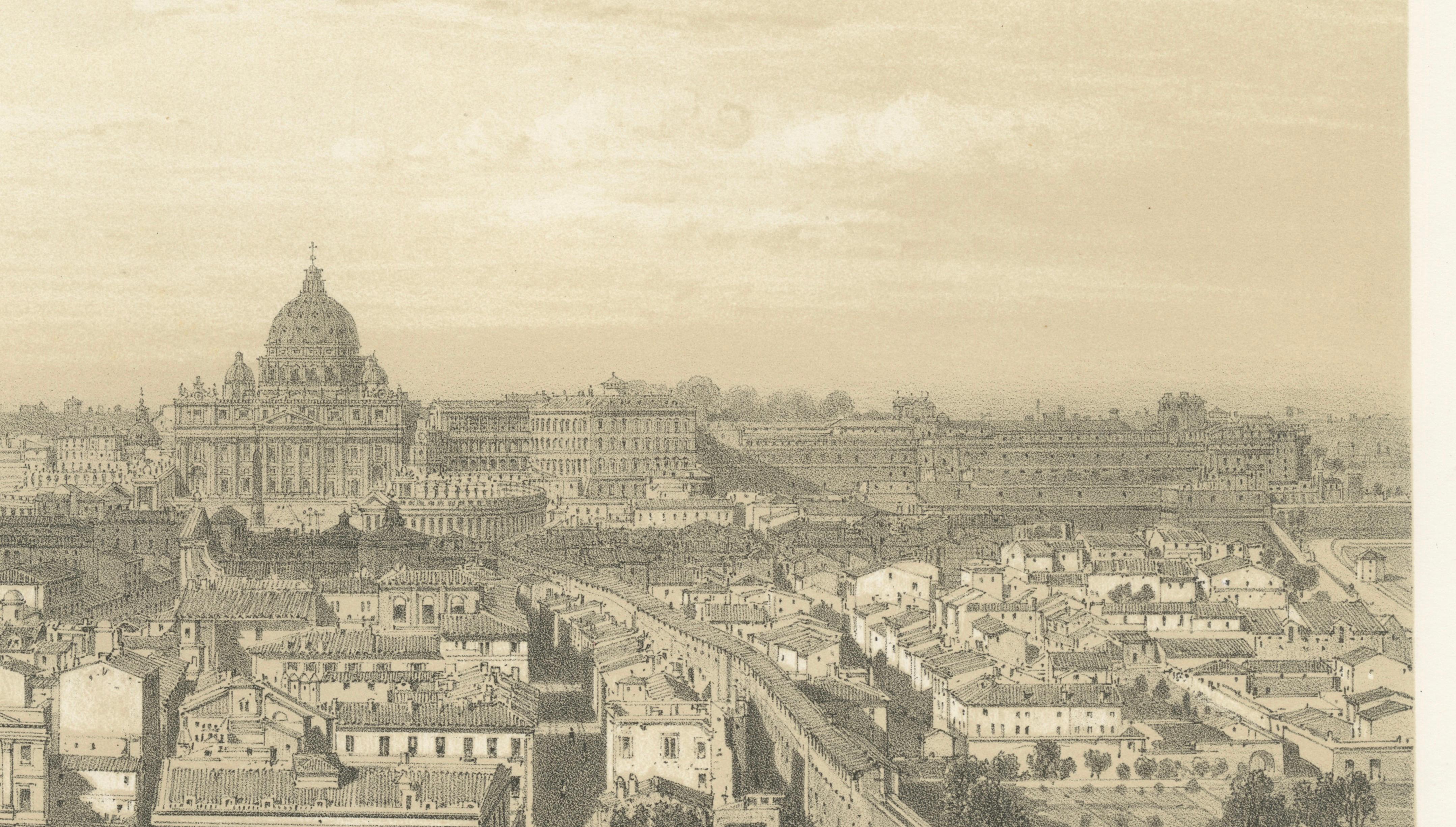 St Peter’s Basilica and Vatican Palace Panorama, Rome – Benoist 1869 Lithograph