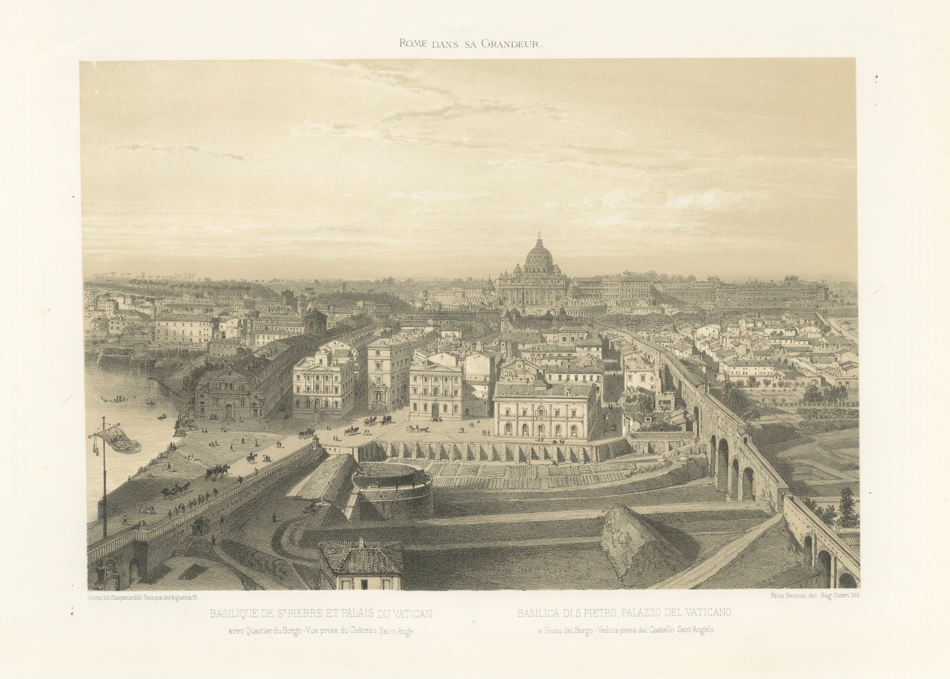 St Peter’s Basilica and Vatican Palace Panorama, Rome – Benoist 1869 Lithograph