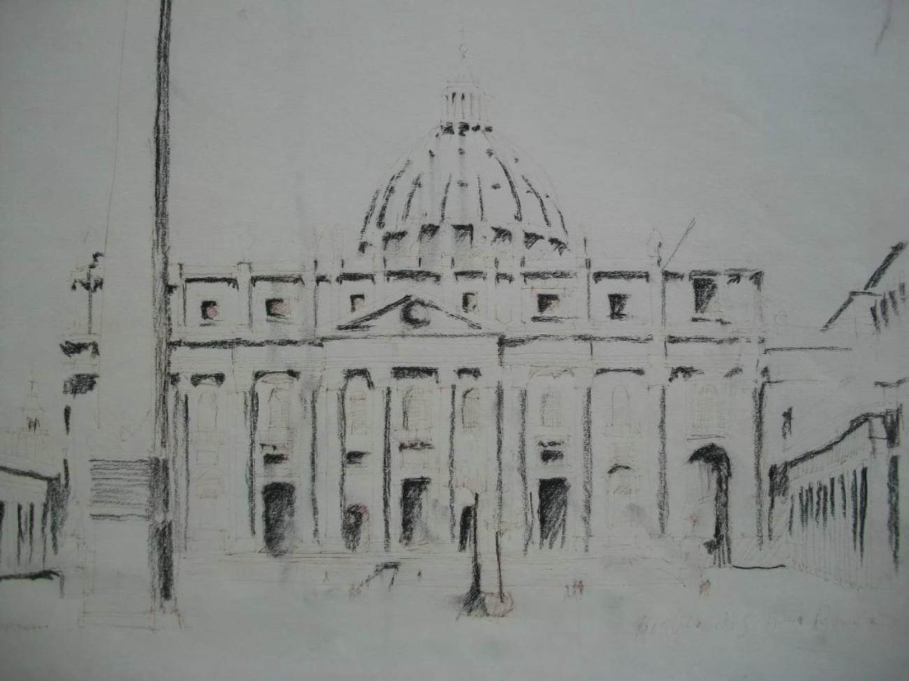 BASILICA DI SAN PIETRO ROMA - Disegno architettonico d'epoca a carboncino/mista su carta - firmato indistintamente in basso a sinistra - titolato e datato in basso a destra - senza cornice - Italia - circa 1984.

Buone condizioni d'epoca - nessuna