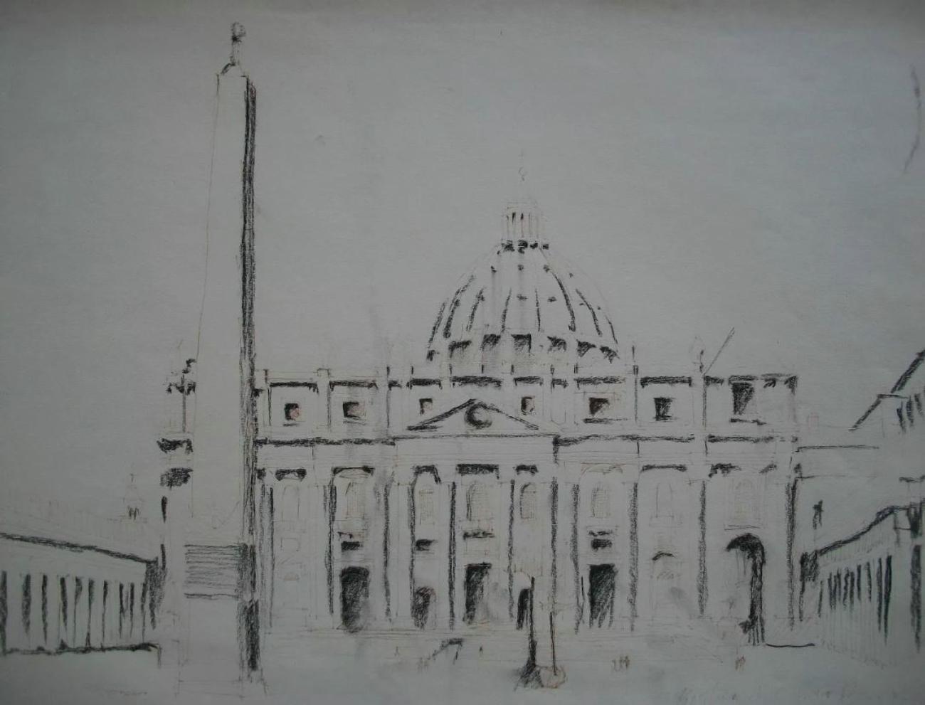 Moderno ST. BASILICA DI PETER - Disegno a carboncino - Firmato - Senza cornice - Italia - CIRCA 1984 in vendita