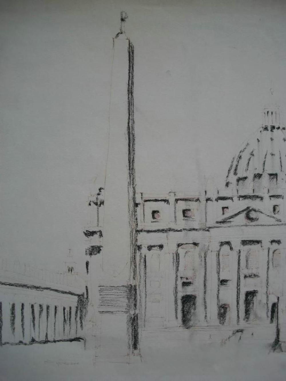 Italiano ST. BASILICA DI PETER - Disegno a carboncino - Firmato - Senza cornice - Italia - CIRCA 1984 in vendita