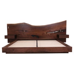 Vintage St. Pierre King Bed by Uhuru, Walnut Slab Headboard and Built in Nightstands