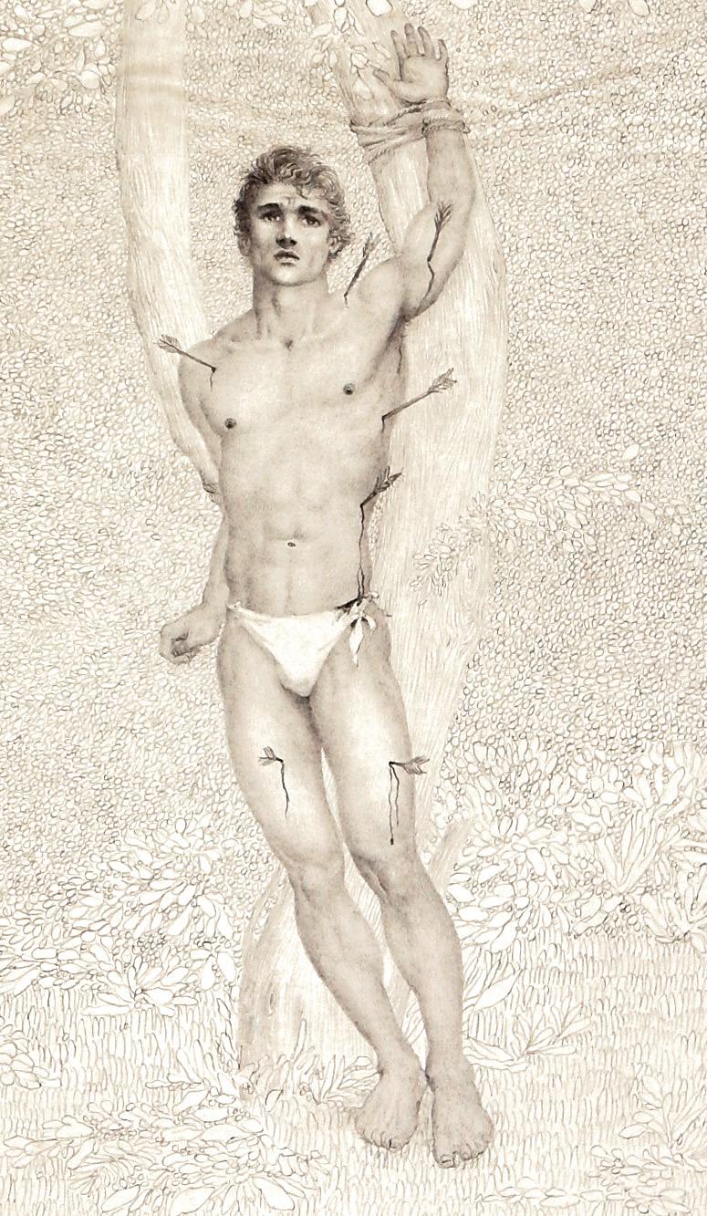 Although depictions of St. Sebastian have often depicted this figure with both pathos and sensuality, this example celebrates the beauty of the saint's physique more than the pain of his martyrdom. John Lear was a contemporary of Paul Cadmus, and