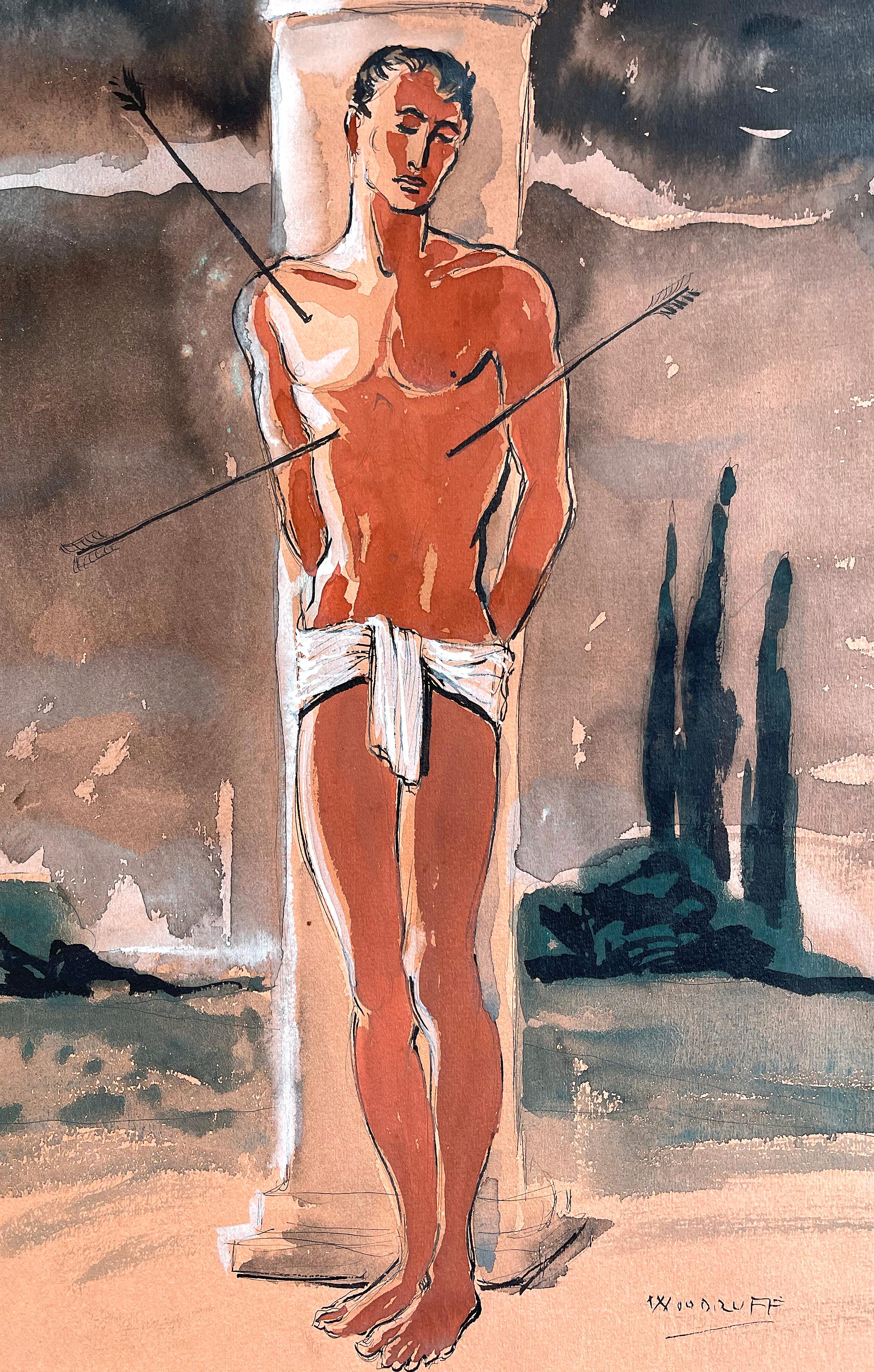 This sensitive depiction of St. Sebastian, pierced by a myriad of arrows but not yet expired, was painted by Porter Woodruff in a gorgeous combination of watercolor, gouache and ink. The saint is shown against an Ionic column, with a dark and