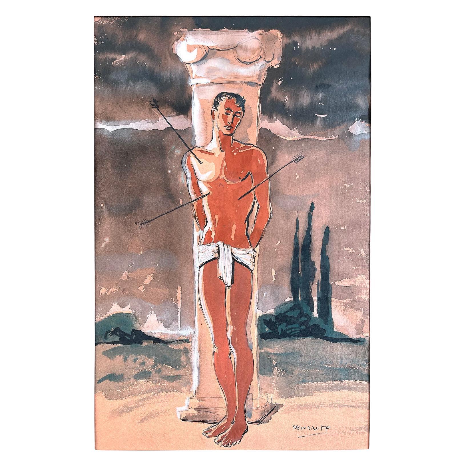 "St. Sebastian & Ionic Column, " Painting in Ink and Watercolor, Porter Woodruff For Sale