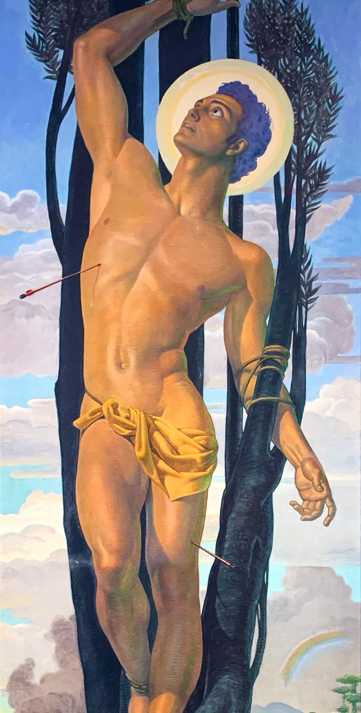 Perhaps the most remarkable painting we have ever offered, this large and stunning painting of a nude St. Sebastian, roped to a tree and pierced with arrows, was made by Pedro Centeno Vallenilla, Venezuela's most celebrated painter of murals,