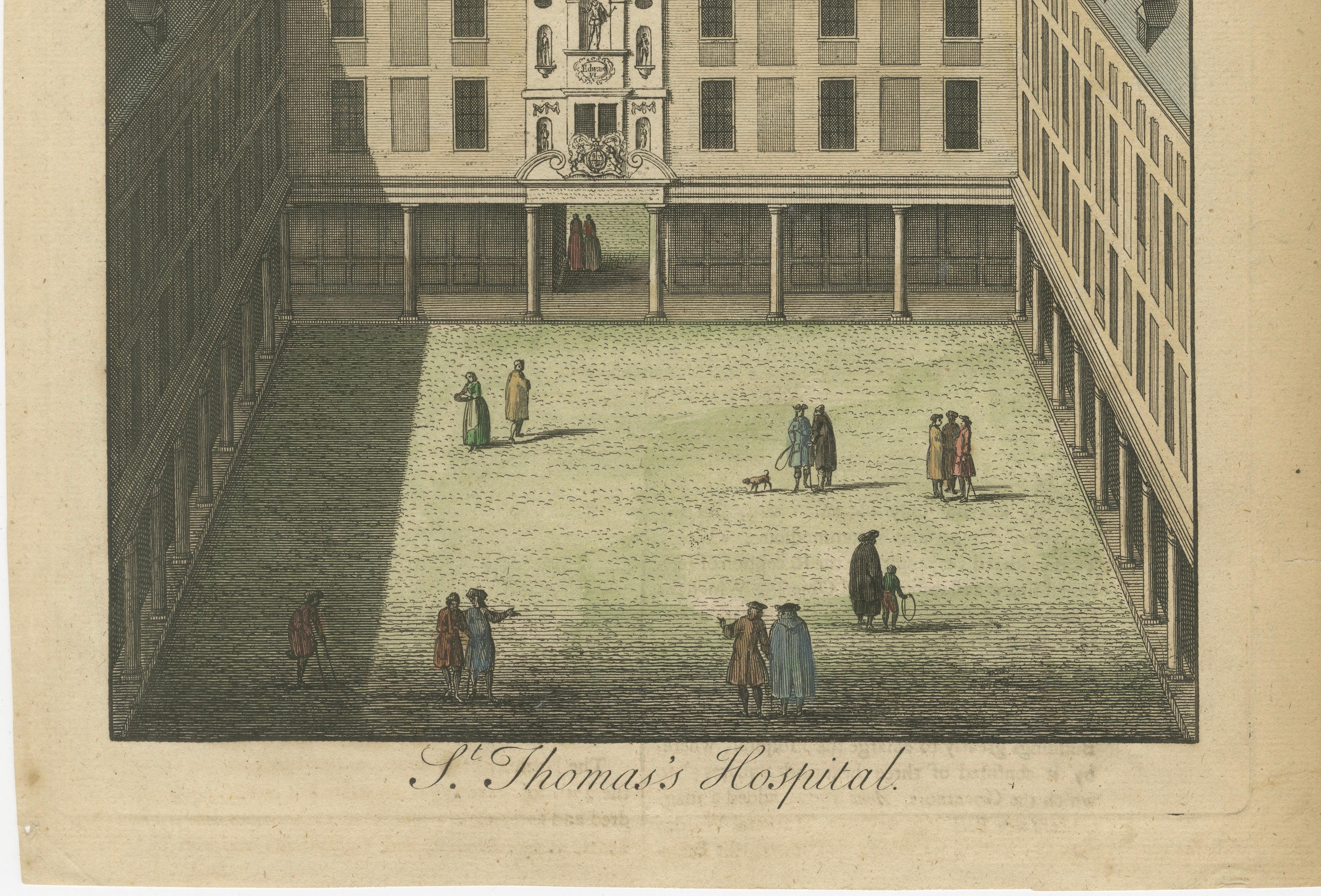 St Thomas’s Hospital London, 18thC Bird’s-Eye View Engraving, Toms, c.1750