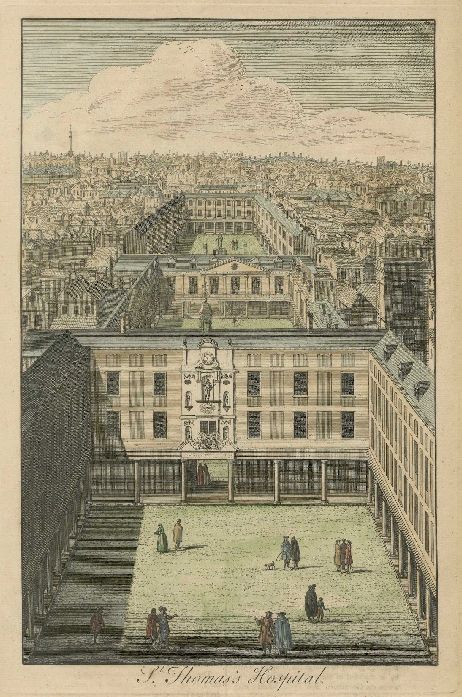 Hôpital St Thomas de Londres, gravure à vue d'oiseau du XVIIIe siècle, Tom C, c.1750 en vente